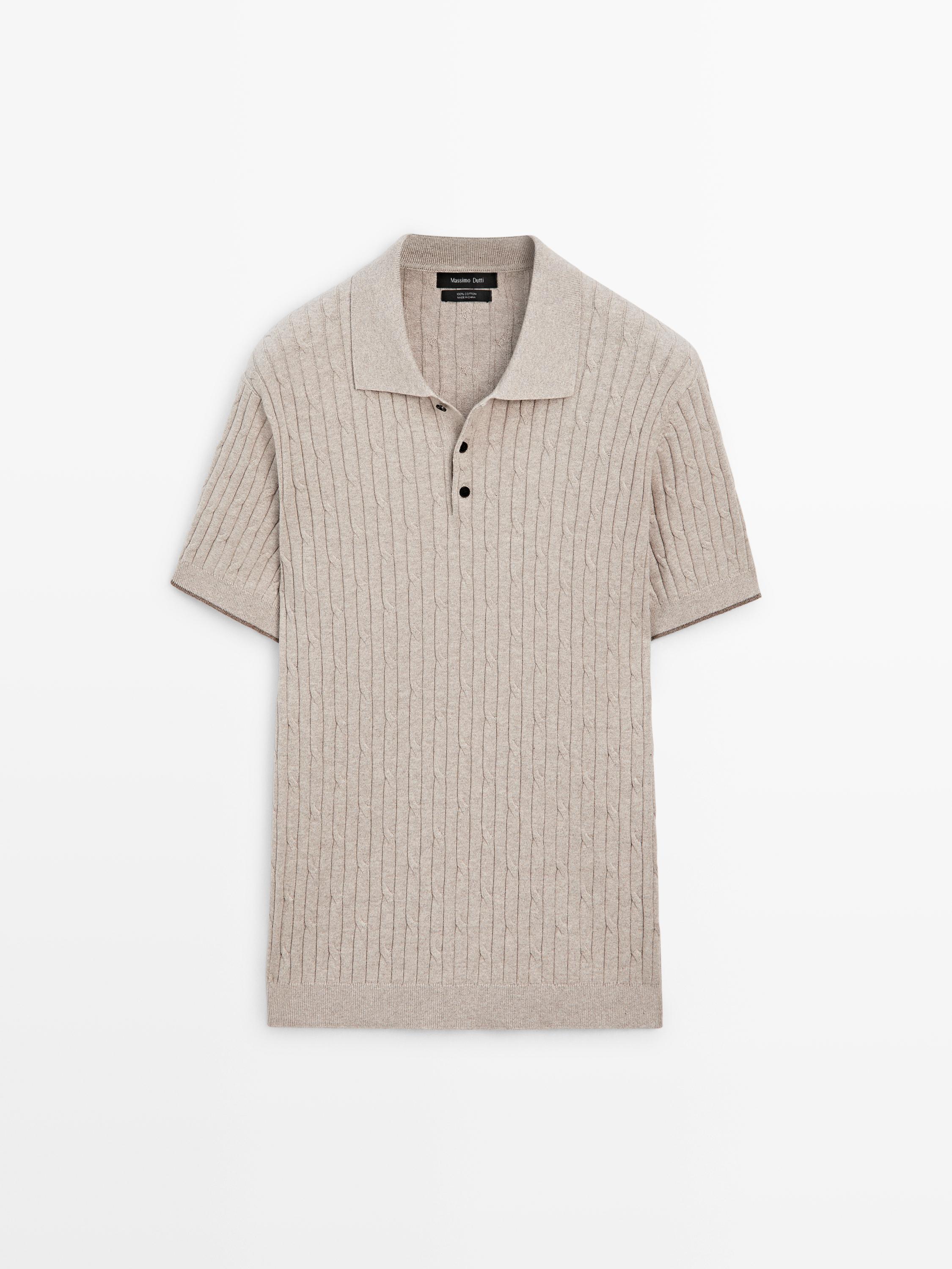 Cotton blend cable-knit polo sweater — BEIGE