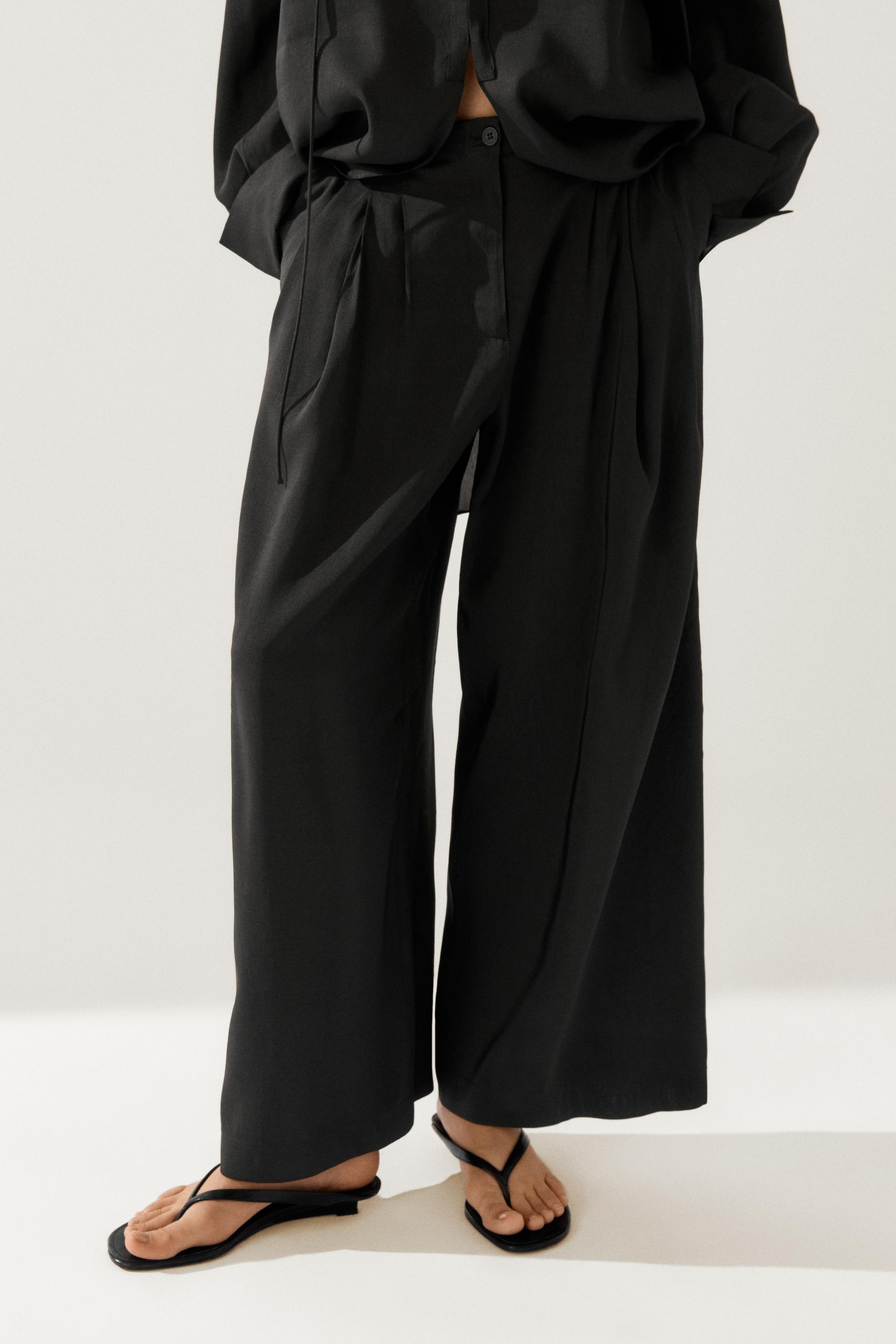 Flowing linen blend trousers — BLACK
