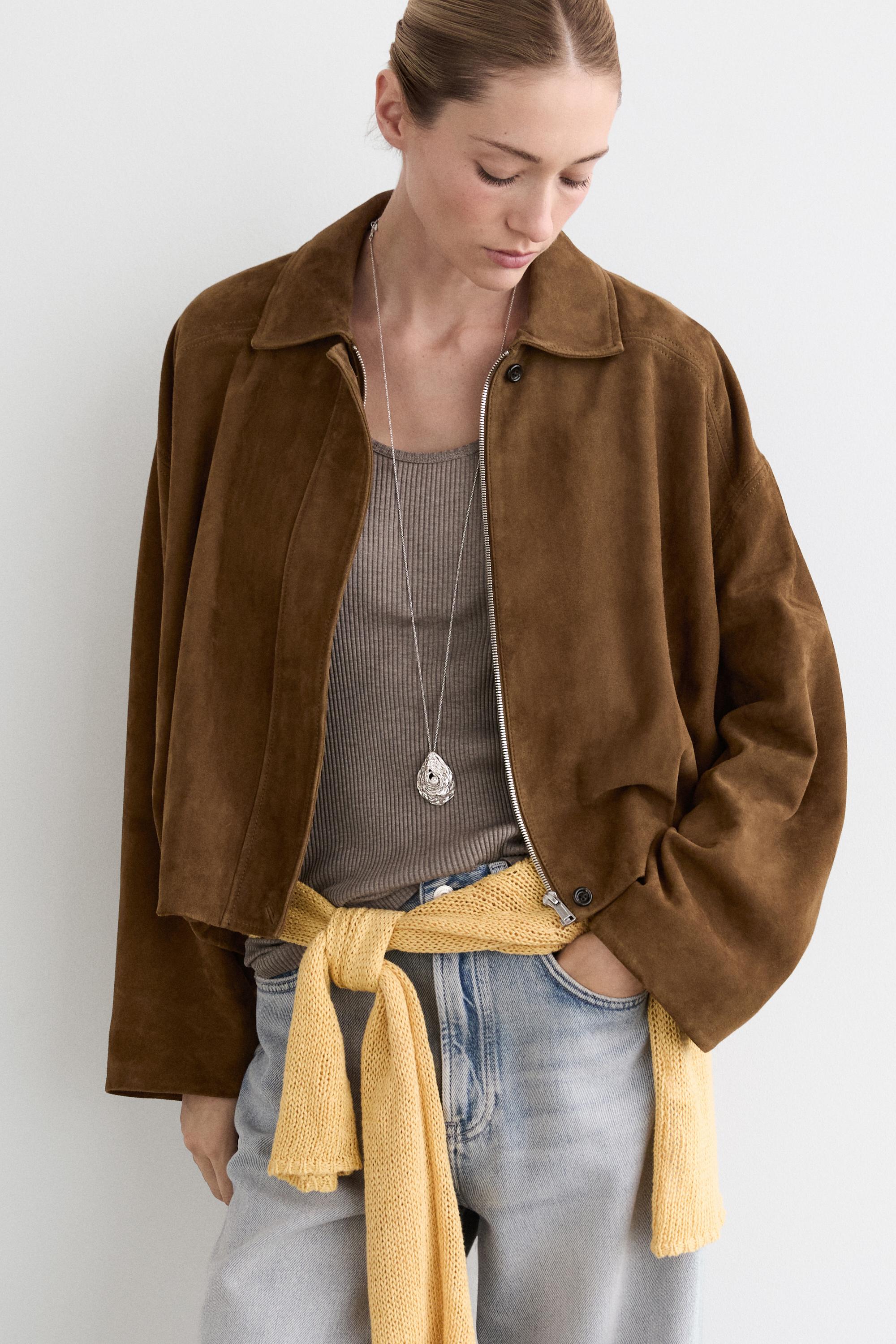 Short suede leather bomber jacket — BROWN