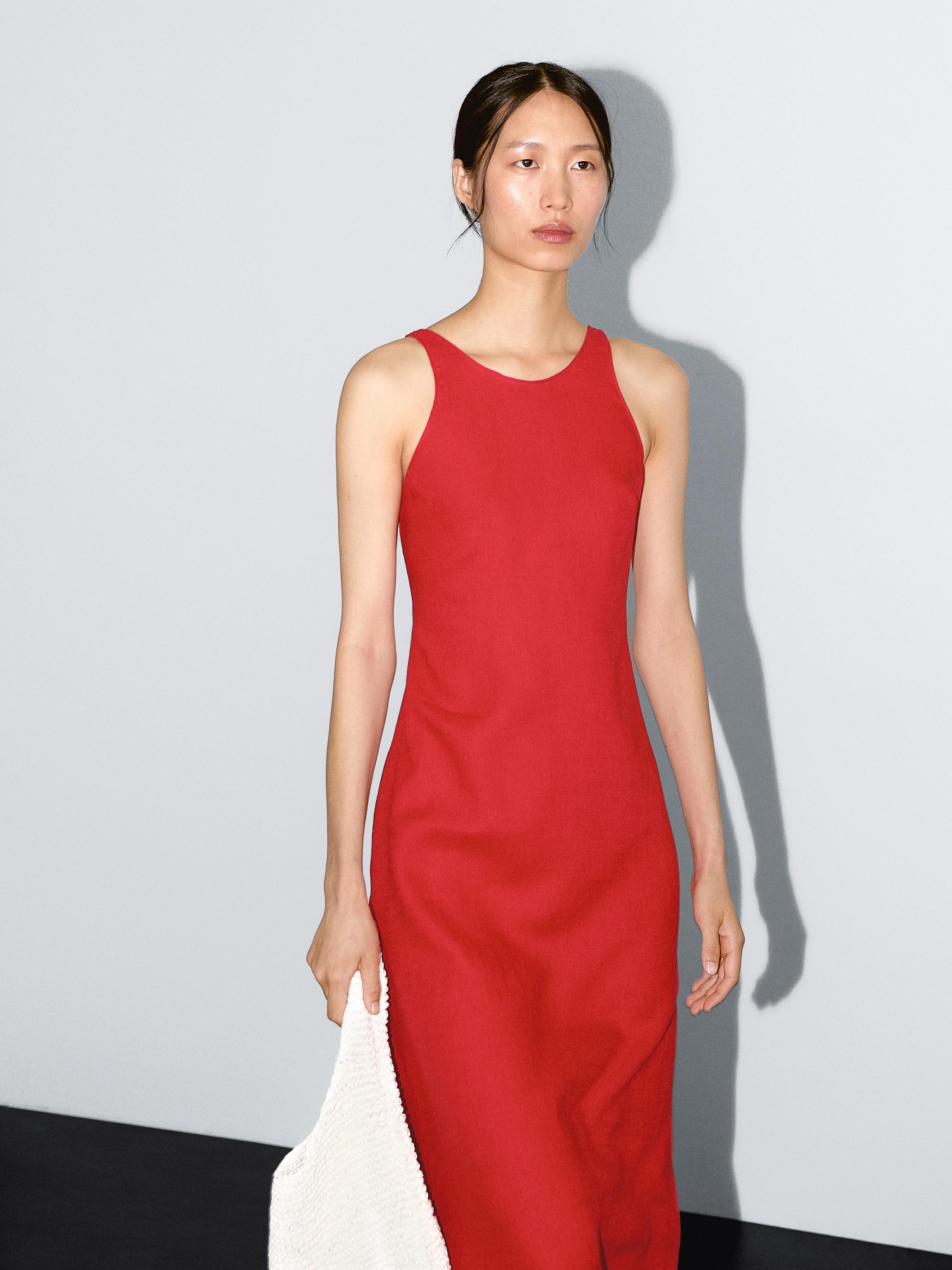 Vestido midi escote redondo 100% lino
