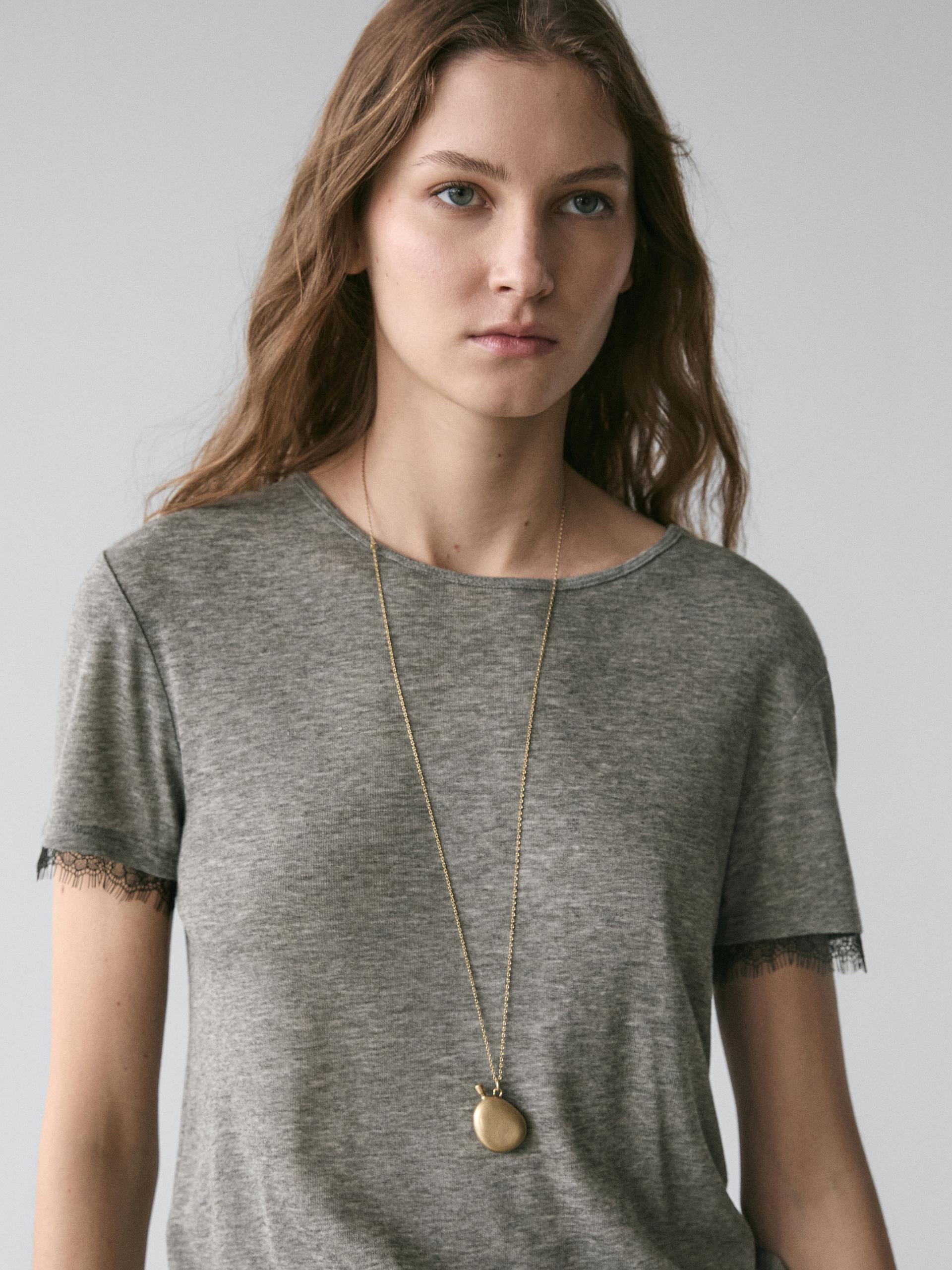 Maglietta A Maniche Corte Dettaglio In Pizzo - Grigio Mélange - M - Massimo Dutti - Femminile