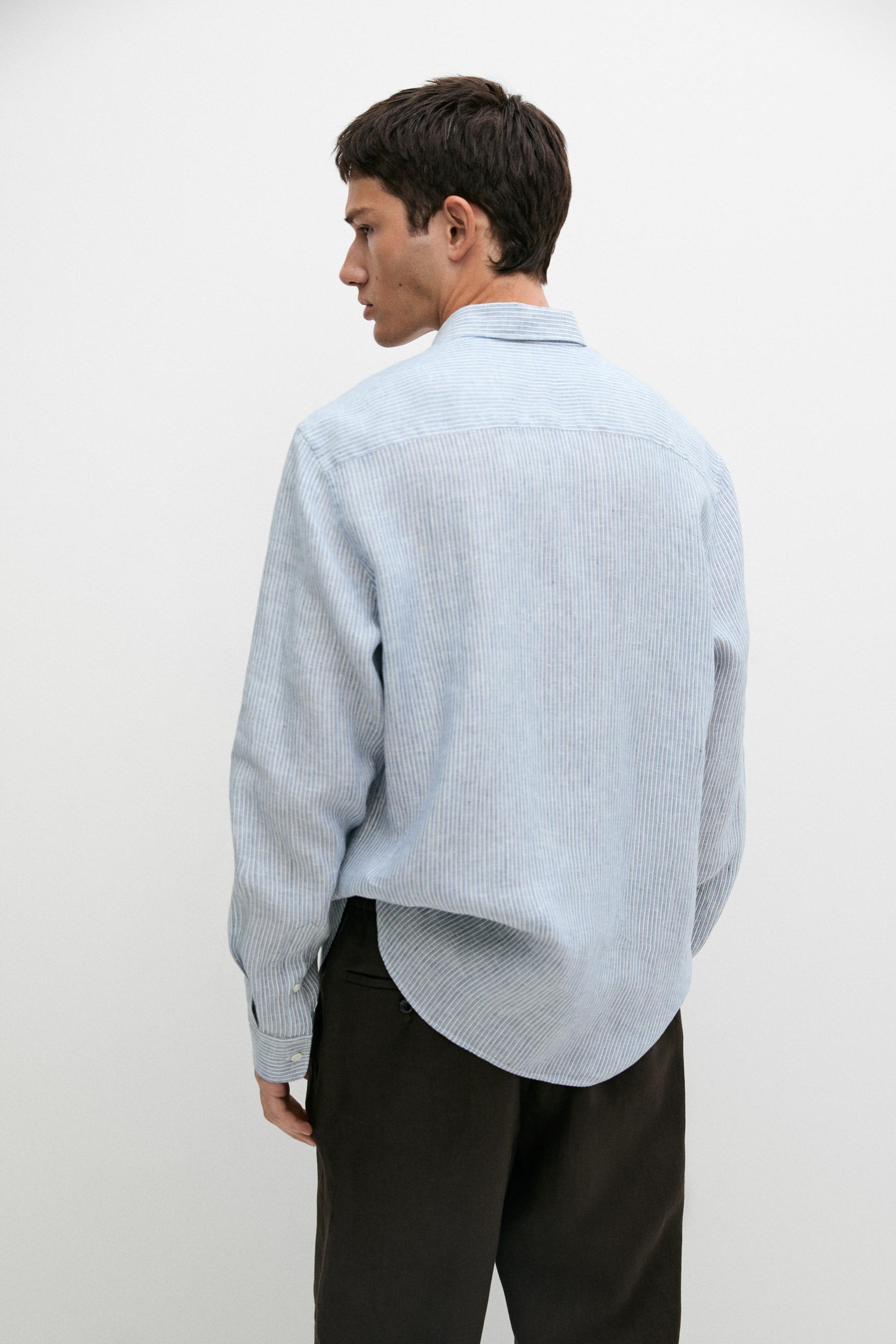 100% linen regular fit striped shirt — BLUE