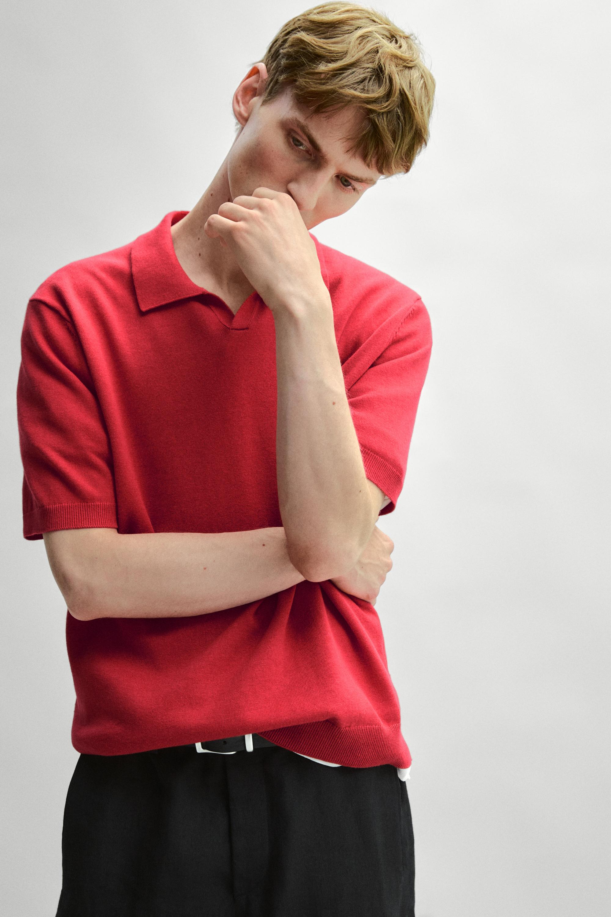 Cotton blend V-neck polo shirt — RED