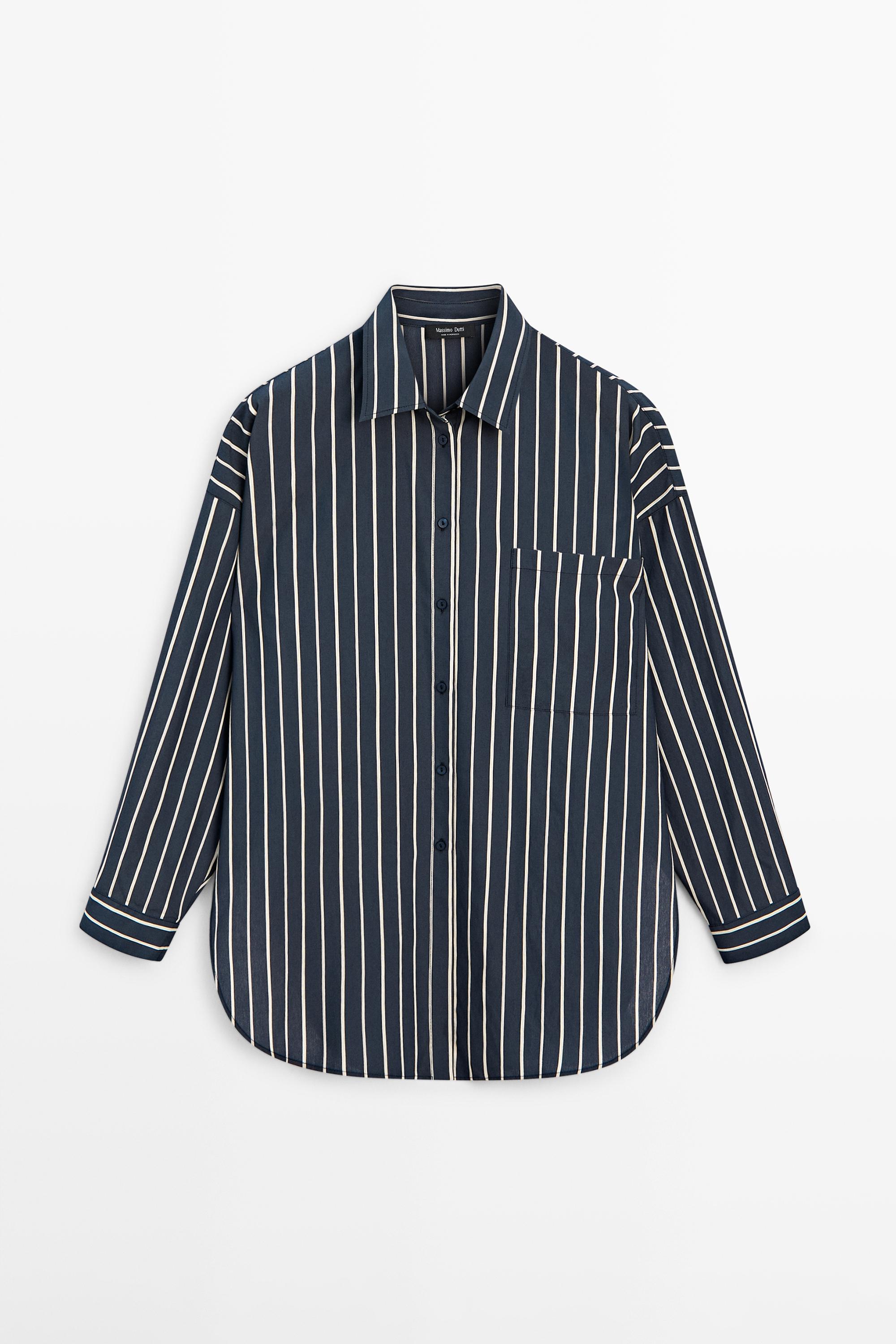 Striped flowing shirt with pocket detail — NAVY BLUE