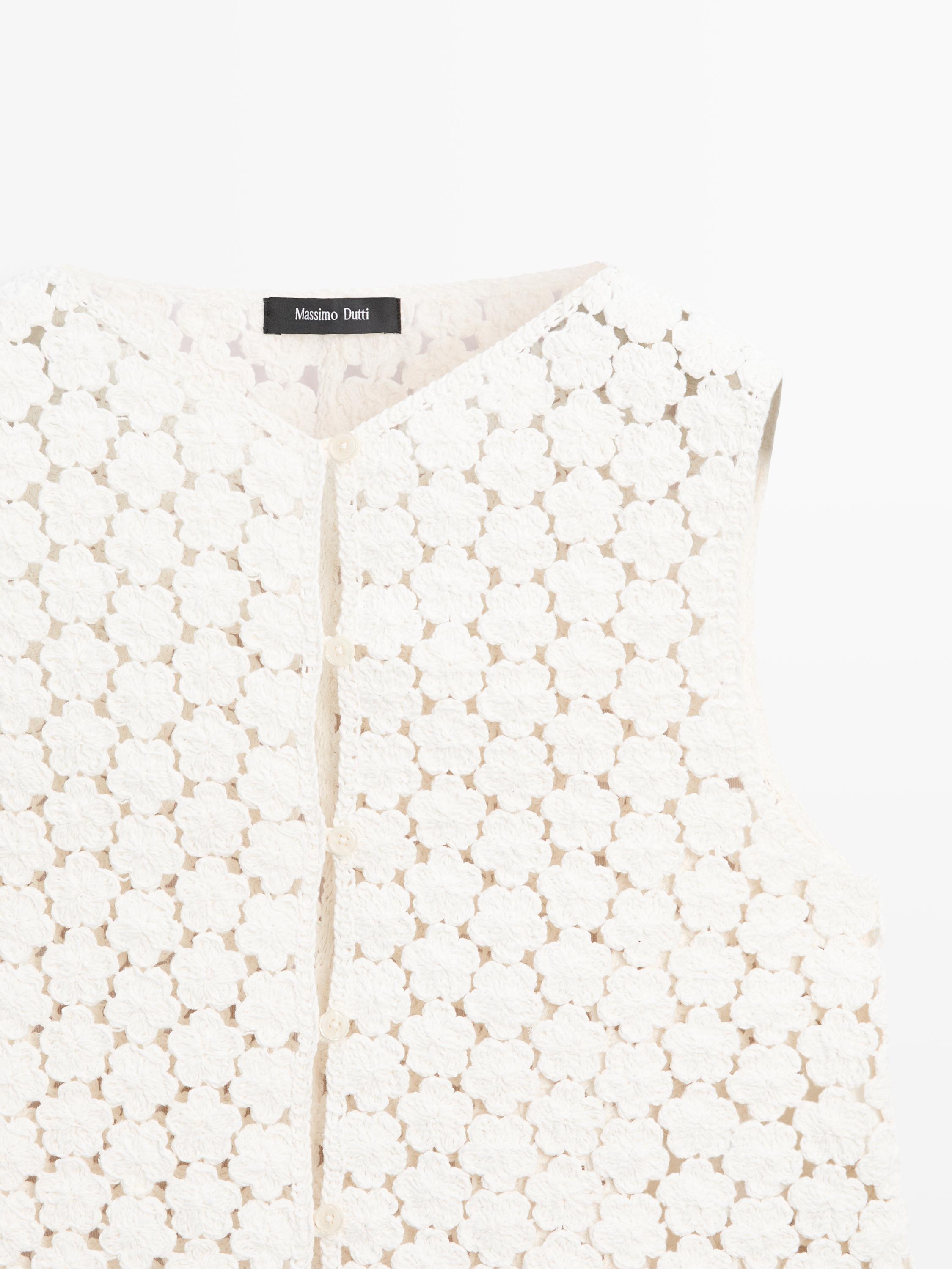 Cotton crochet vest with floral details — CREAM