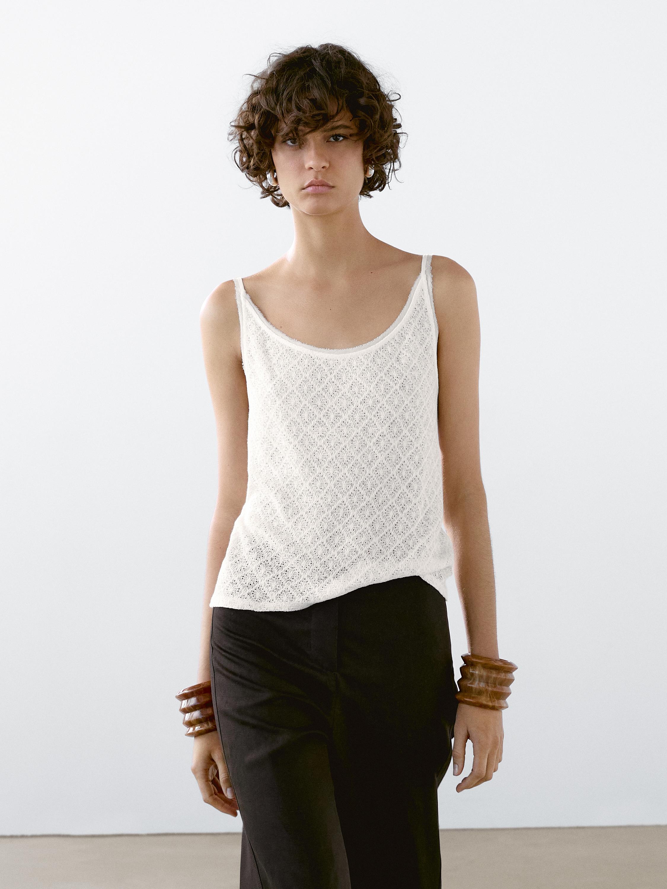 Openwork strappy linen blend top