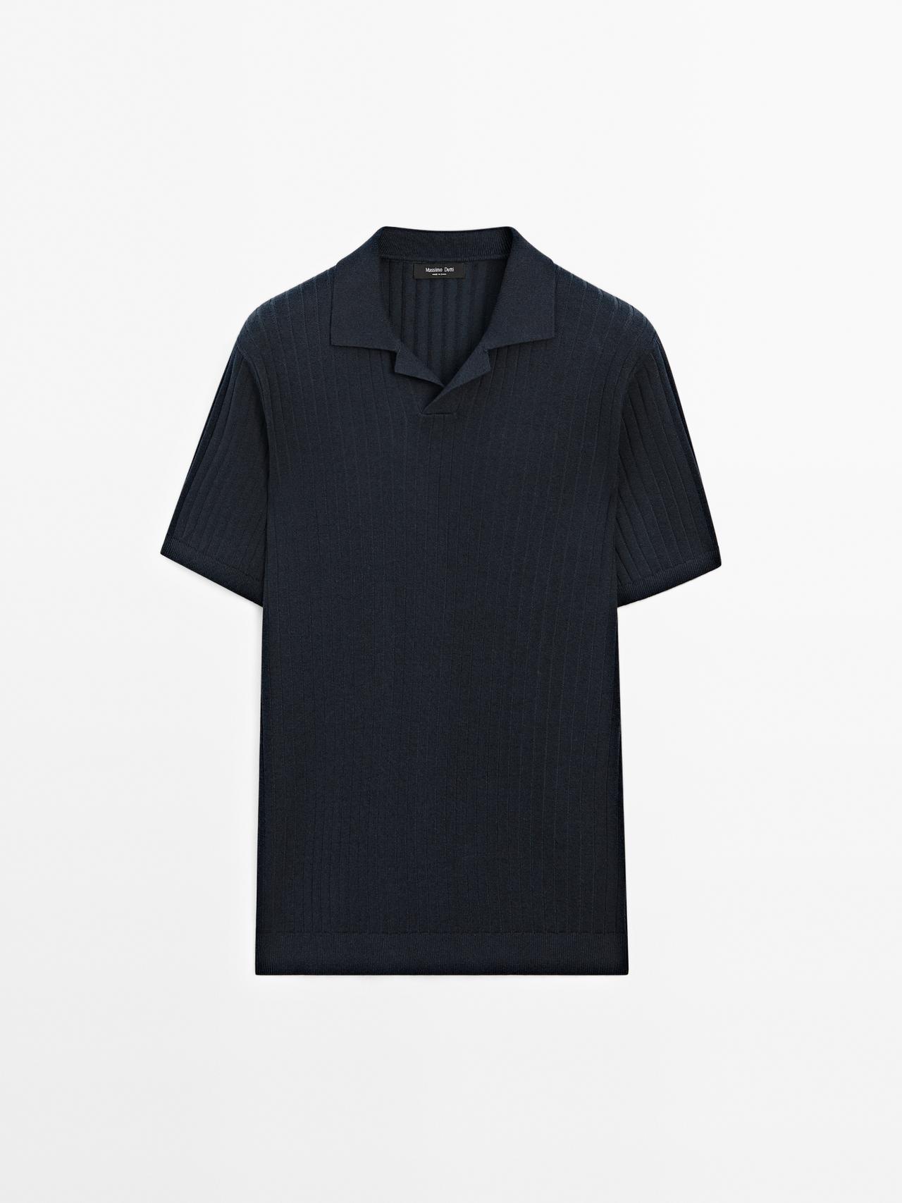 Massimo Dutti - Herre - Kortærmet Poloshirt I Ribstrik - Marineblå - M