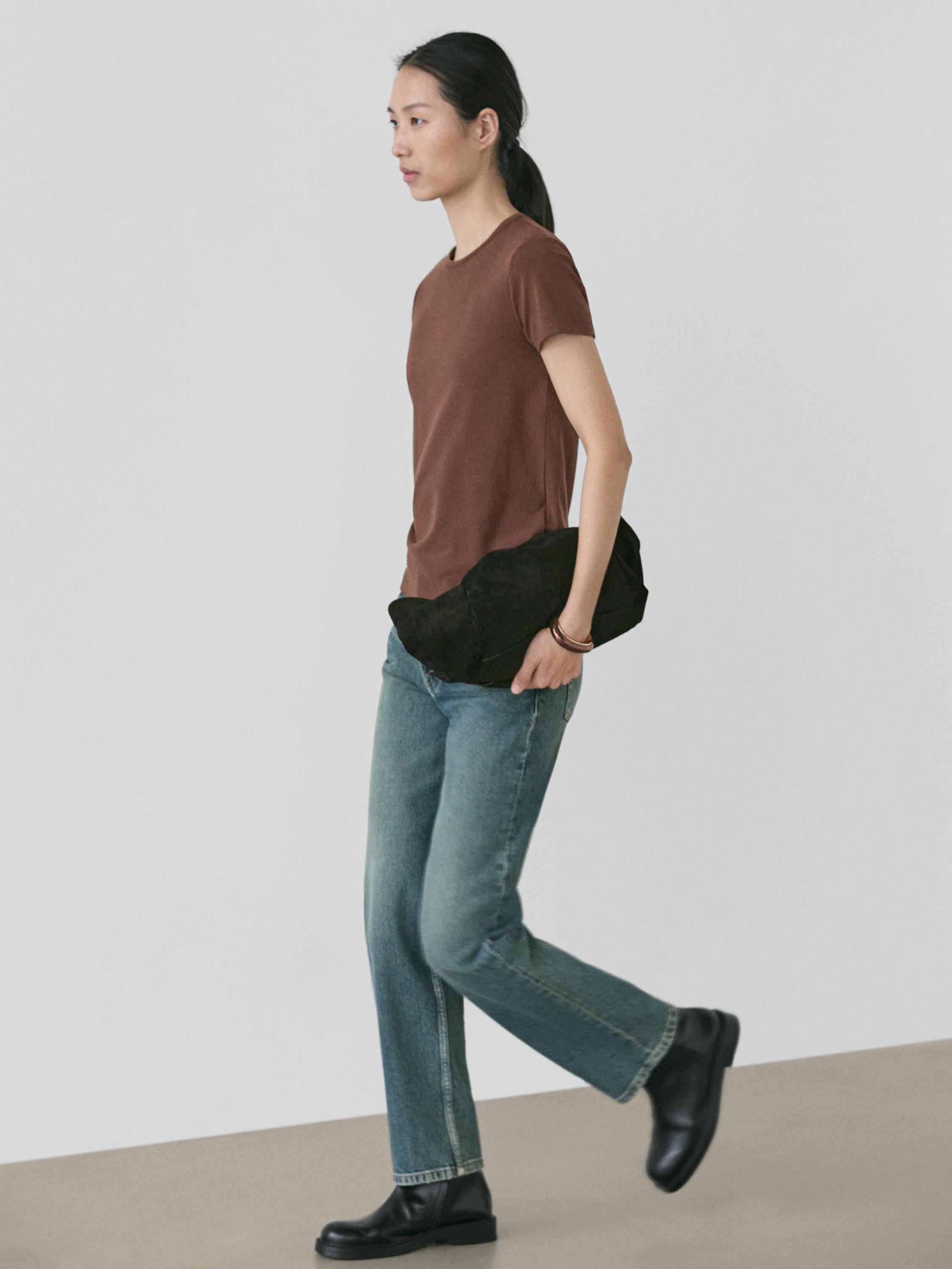 Lyocell blend short sleeve T-shirt — BROWN