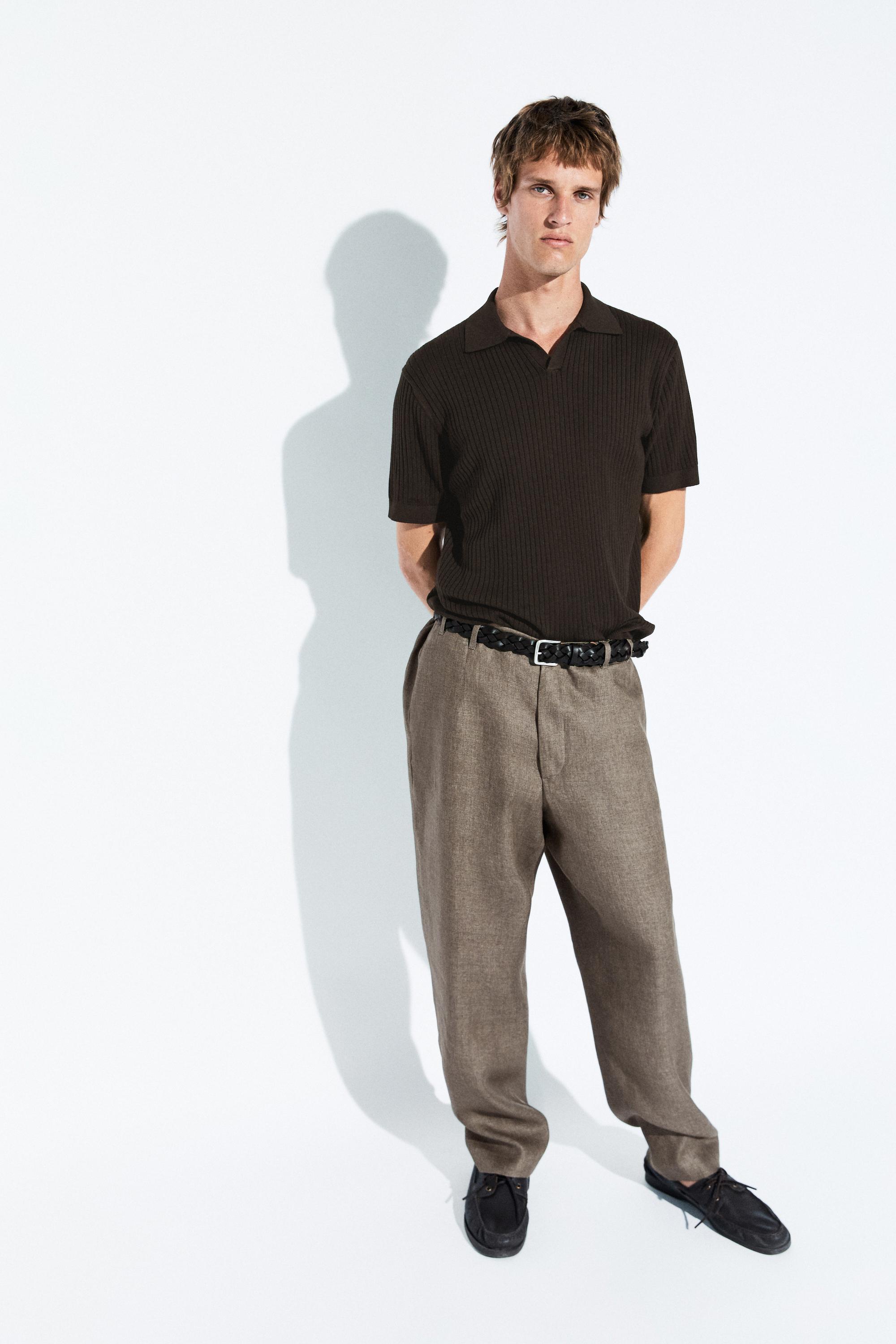 100% cotton ribbed knit polo sweater — BROWN MARL