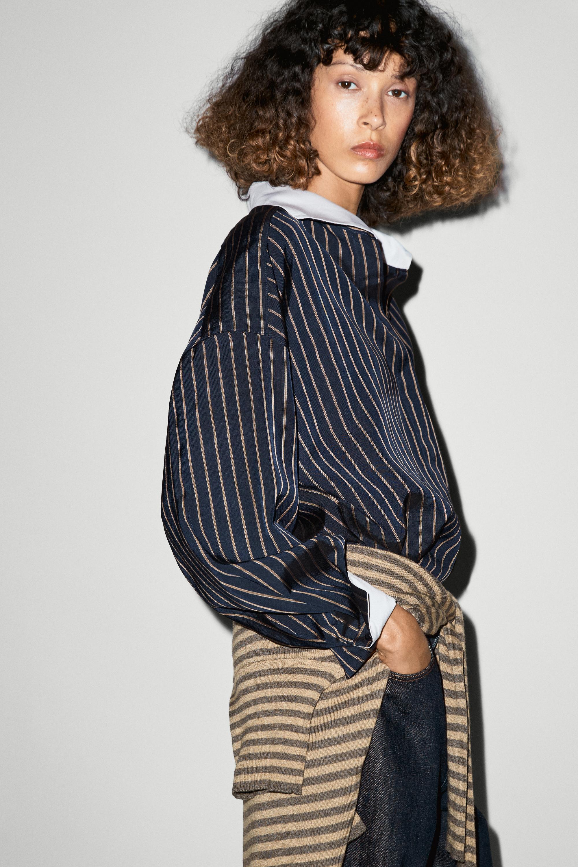 Striped contrast collar shirt — NAVY BLUE