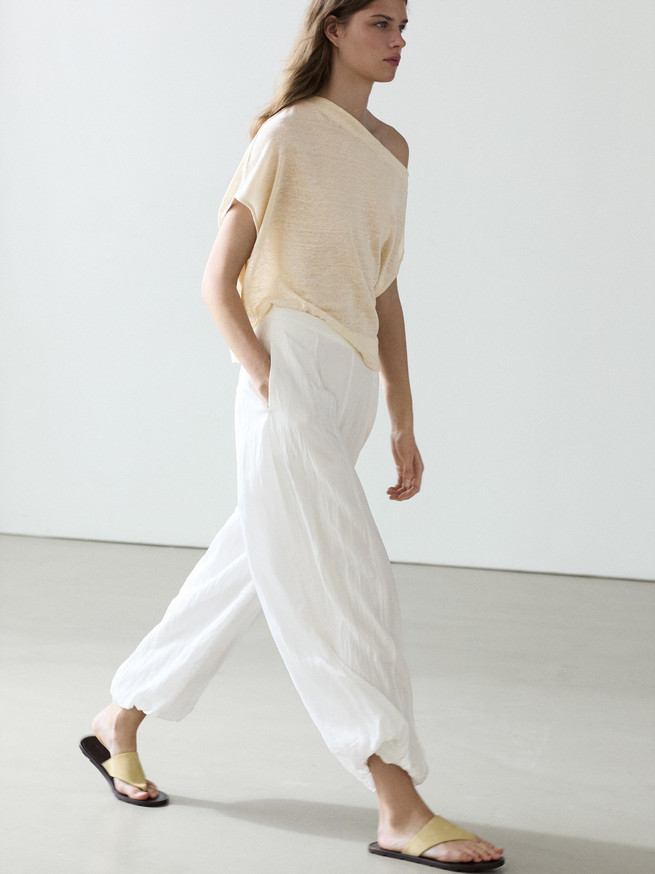 Flowing sarouel trousers with textured detail — WHITE