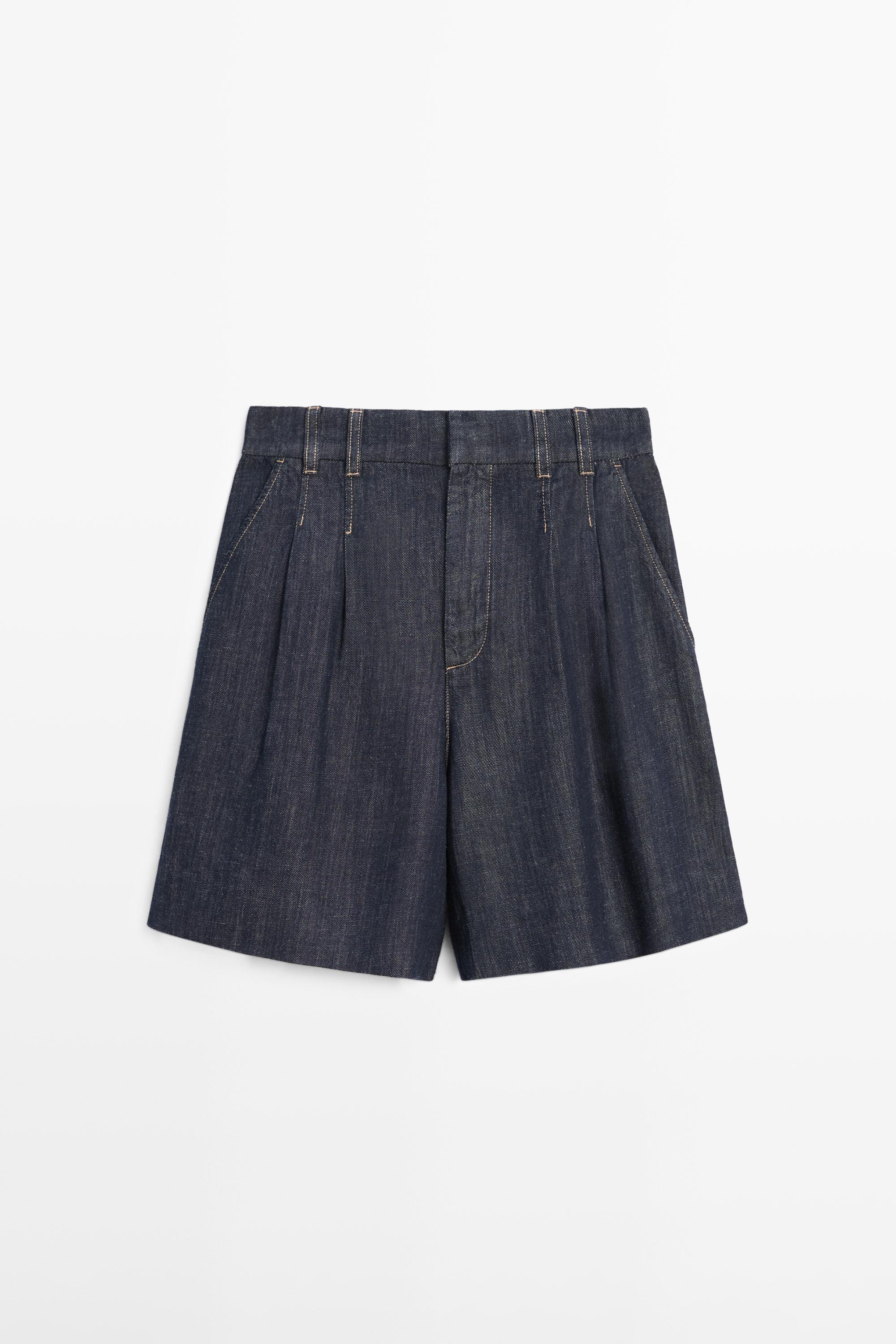 Cotton denim Bermuda shorts with topstitching — DARK BLUE