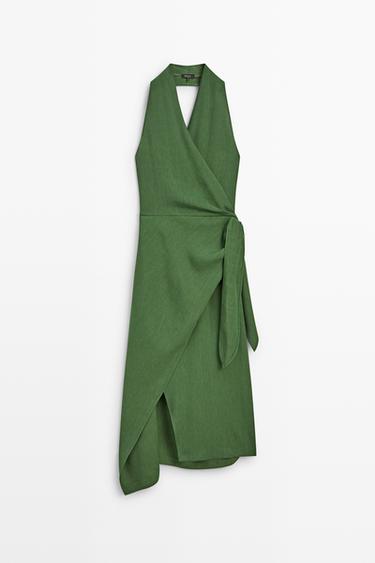 Linen halter wrap midi dress — GREEN 2