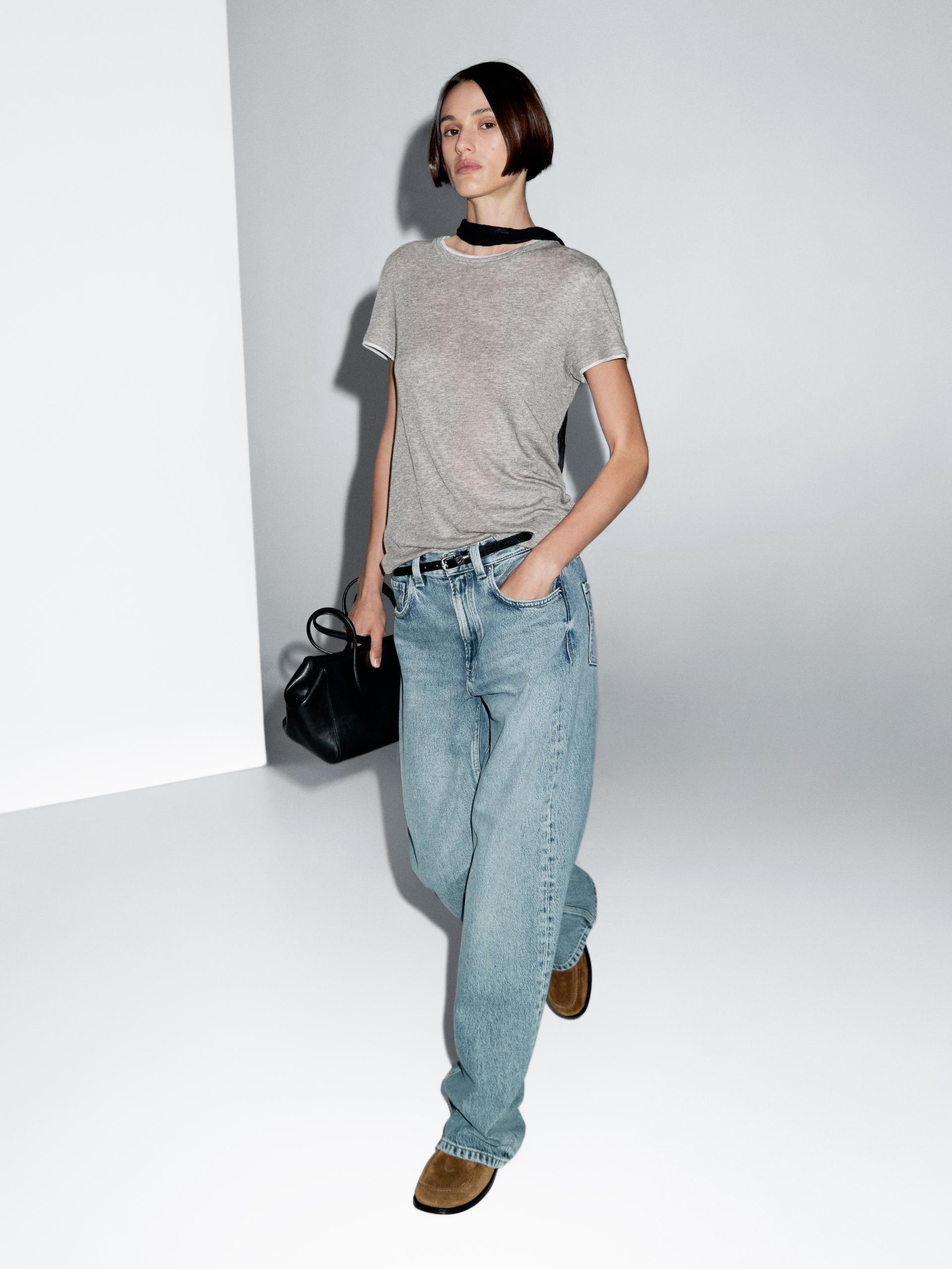 Camiseta Manga Corta Acabado Doble - Gris Vigoré - M - Massimo Dutti - Mujer
