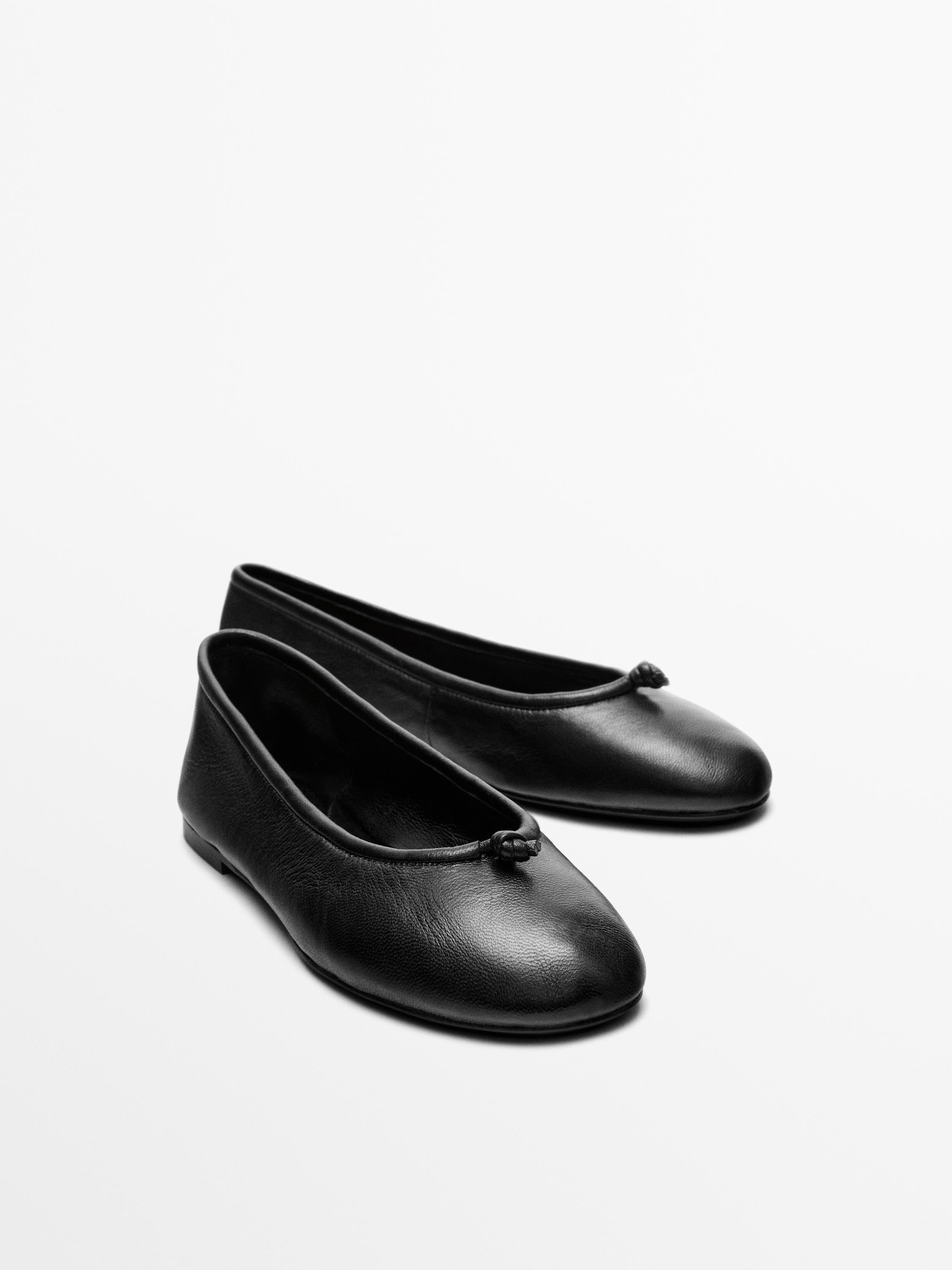 Leather knot ballerina flats — BLACK