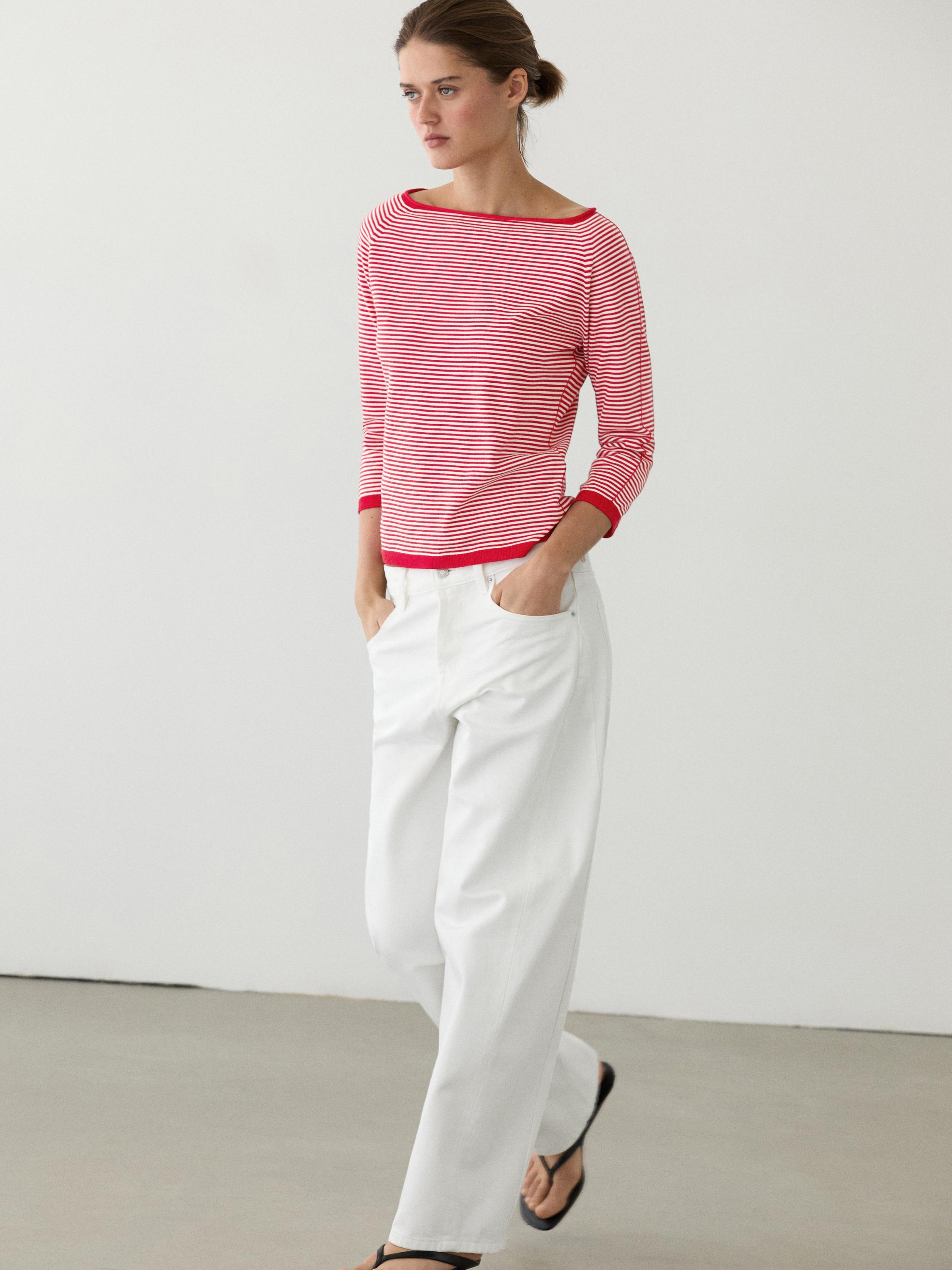 100% cotton striped knit sweater — RED