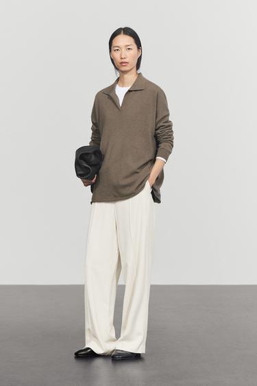 100% cashmere oversize polo collar sweater — GREEN MARL 8