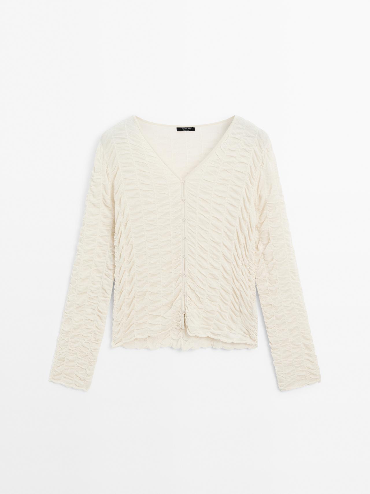 Massimo Dutti - Dame - Figursyet Cardigan Med Rynket Detalje - Råhvid - M
