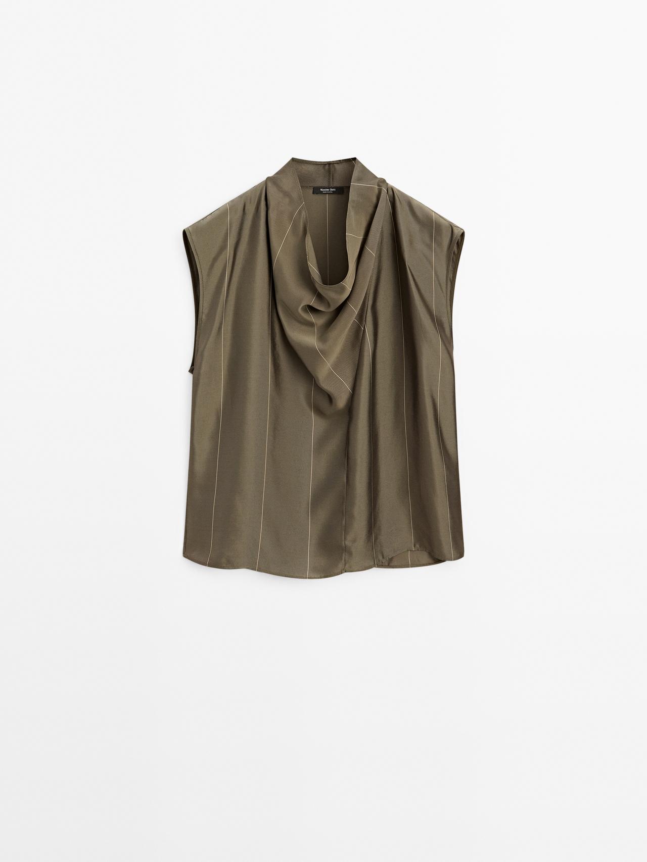 Massimo Dutti - Dame - Loose Fit Bluse Med Striber - Kaki - Xs