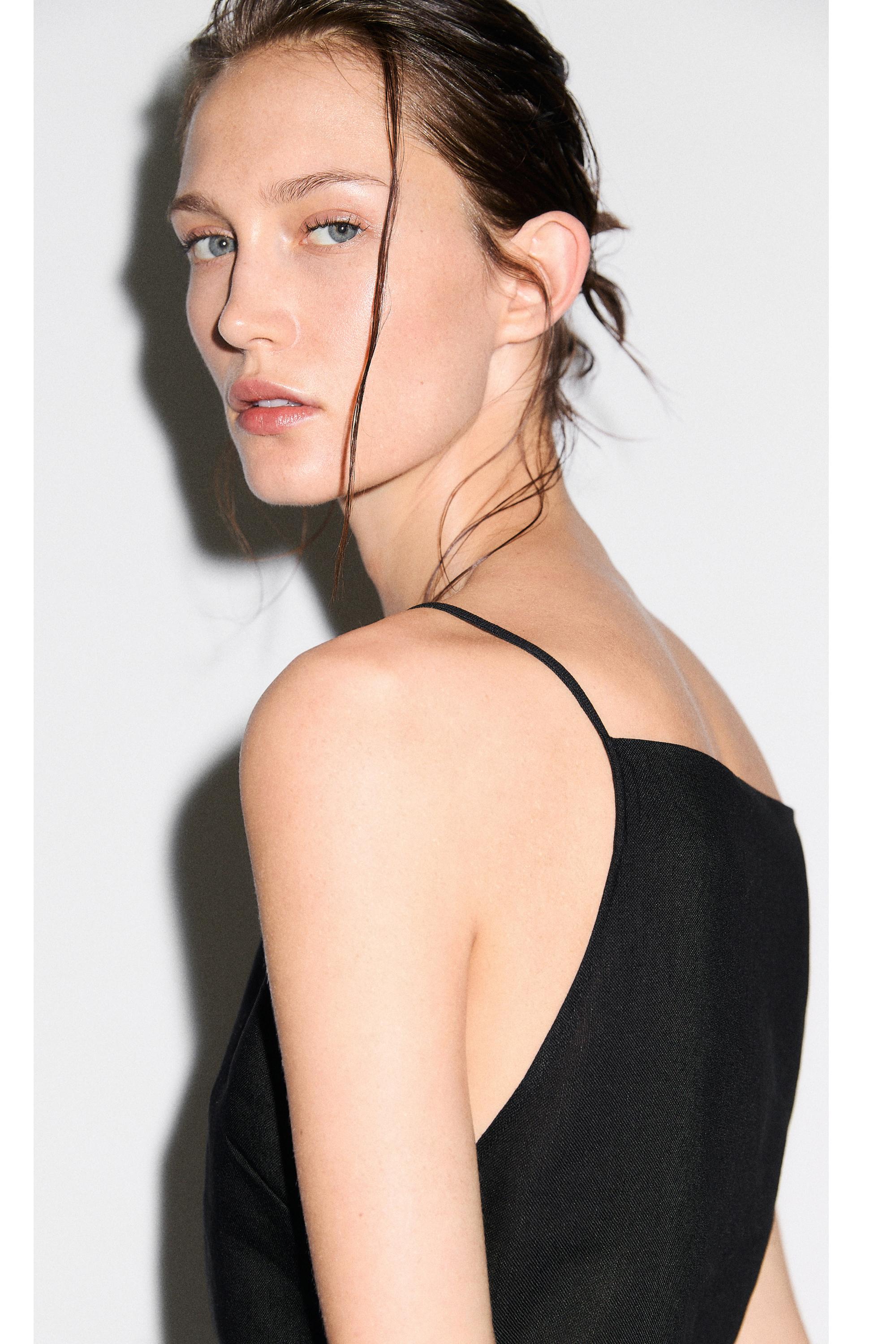 Linen blend spaghetti strap midi dress — BLACK