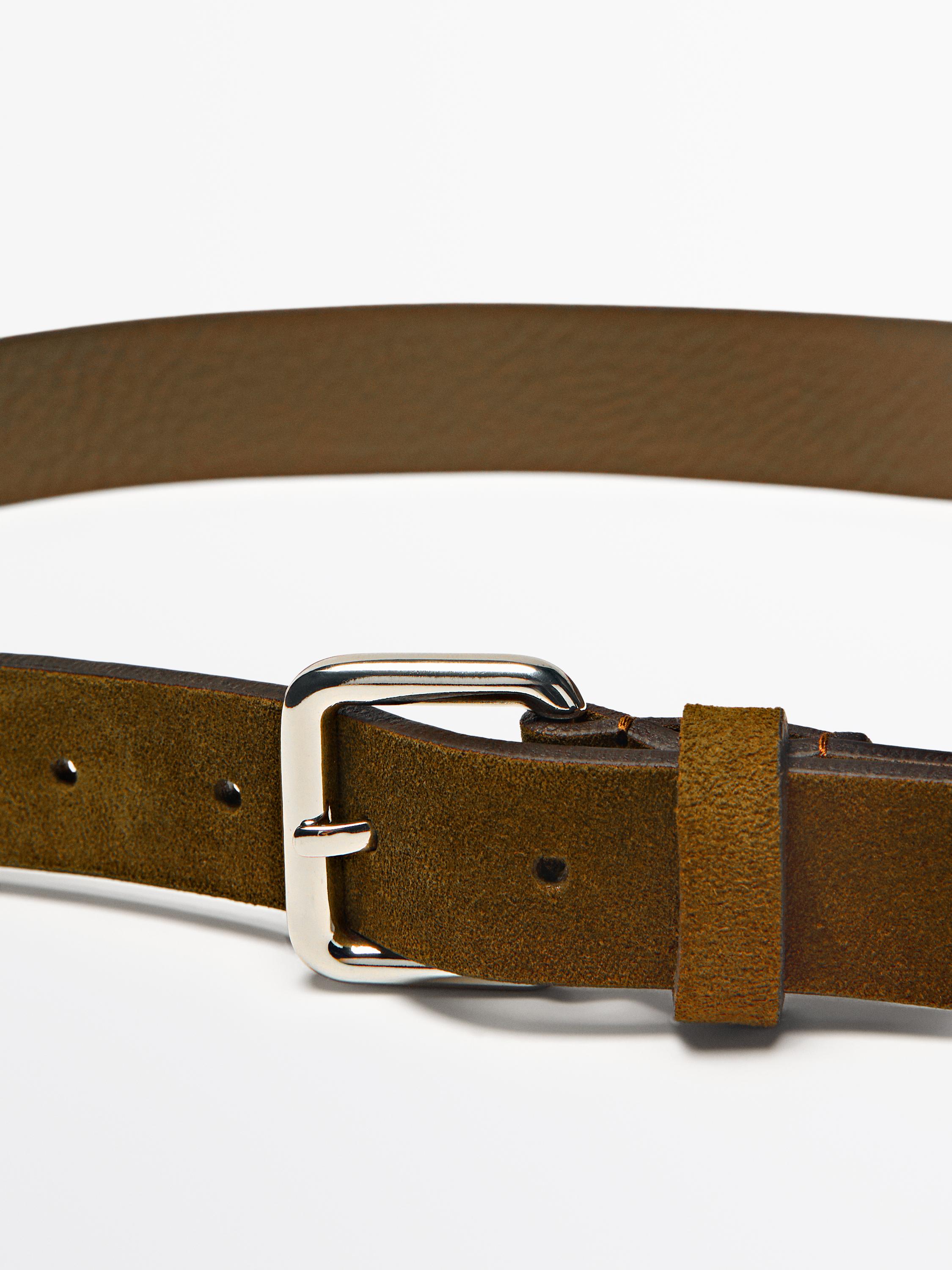 Split leather belt with square buckle