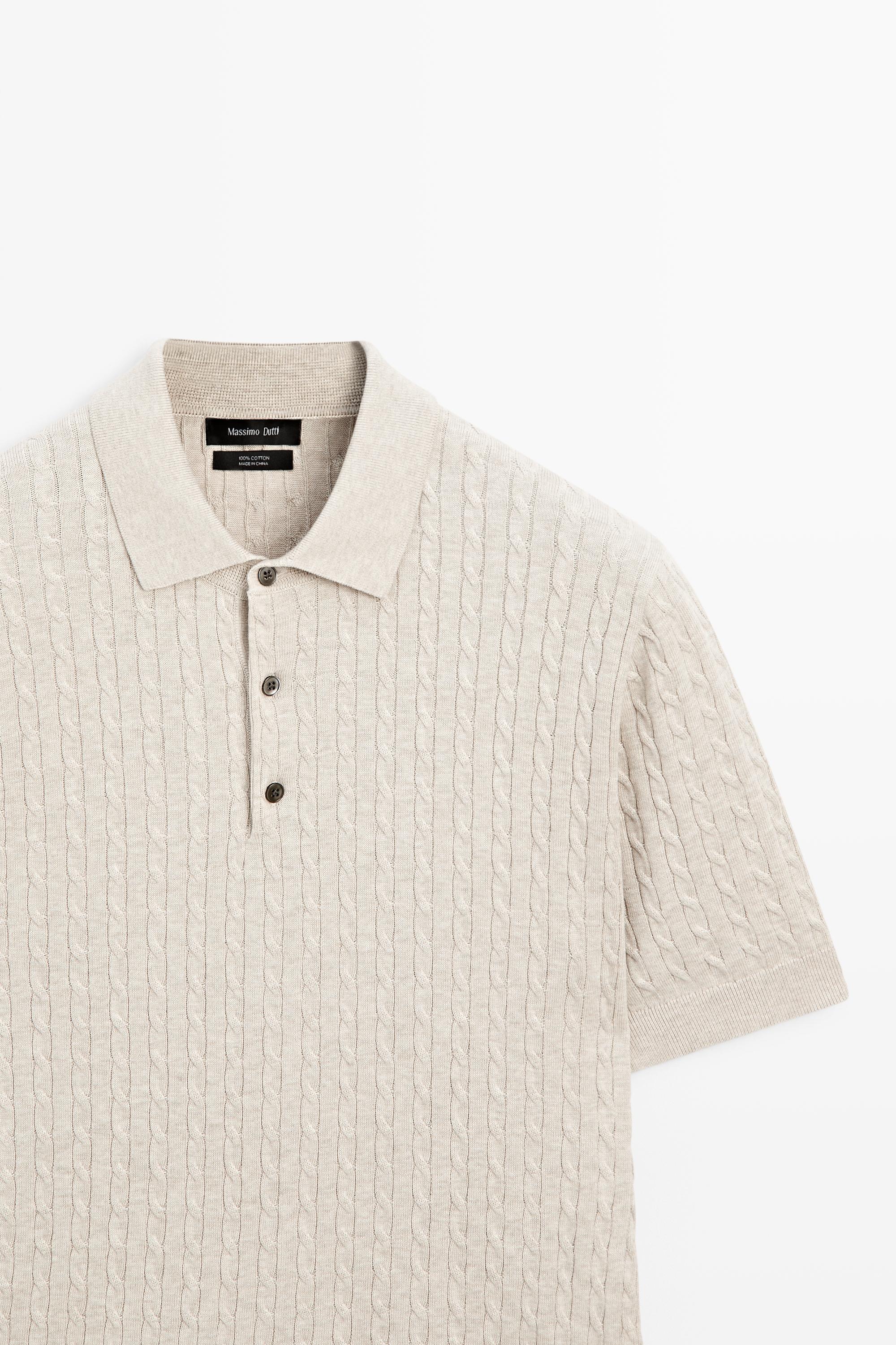 100% cotton cable-knit polo shirt — BEIGE
