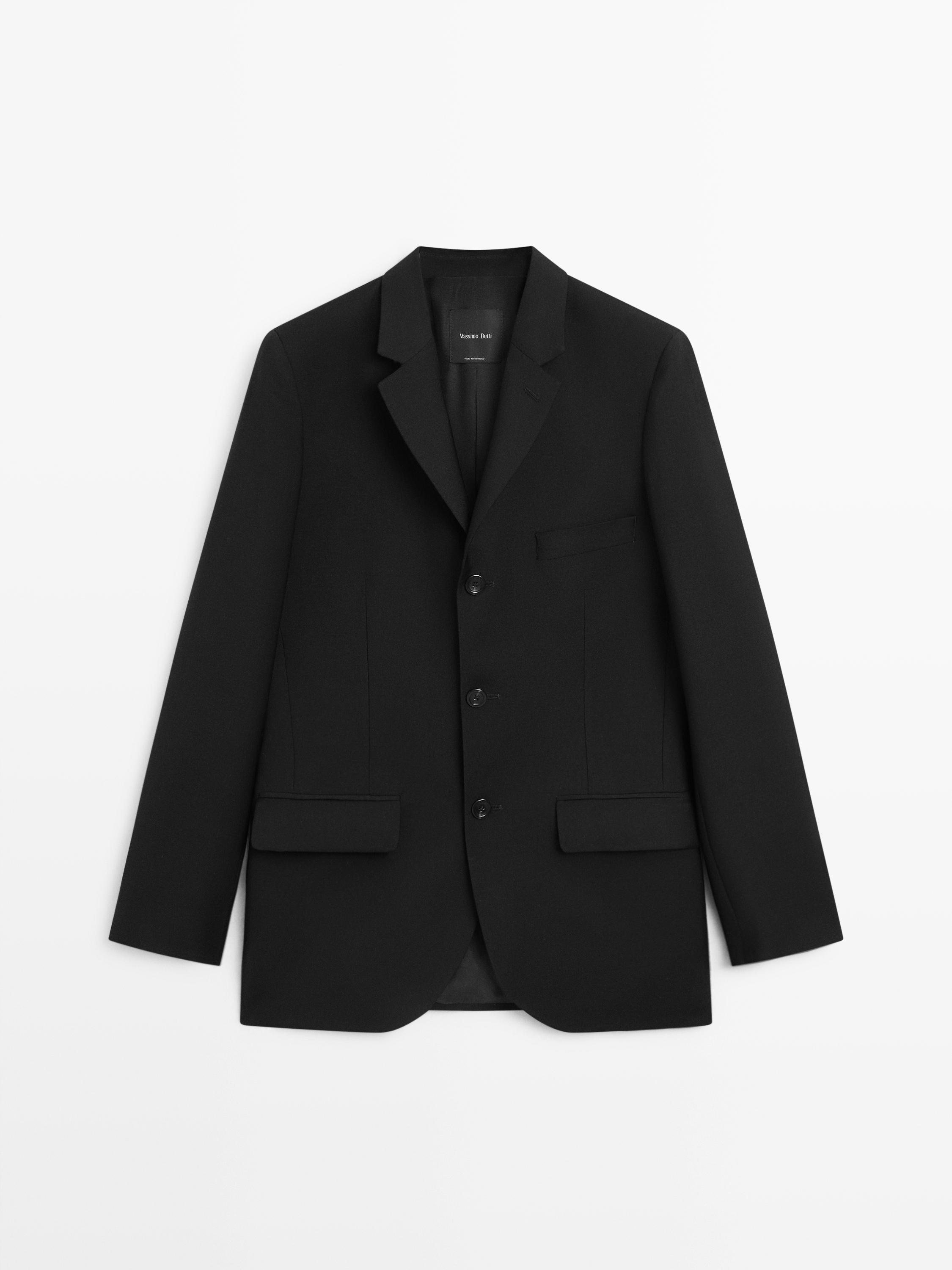 100% wool three-button blazer — BLACK