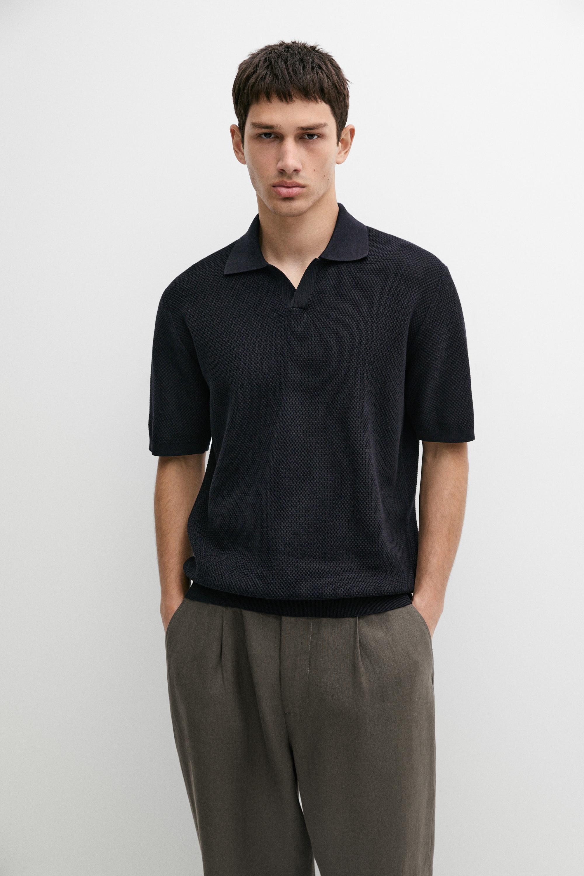 Cotton blend knit V-neck polo shirt