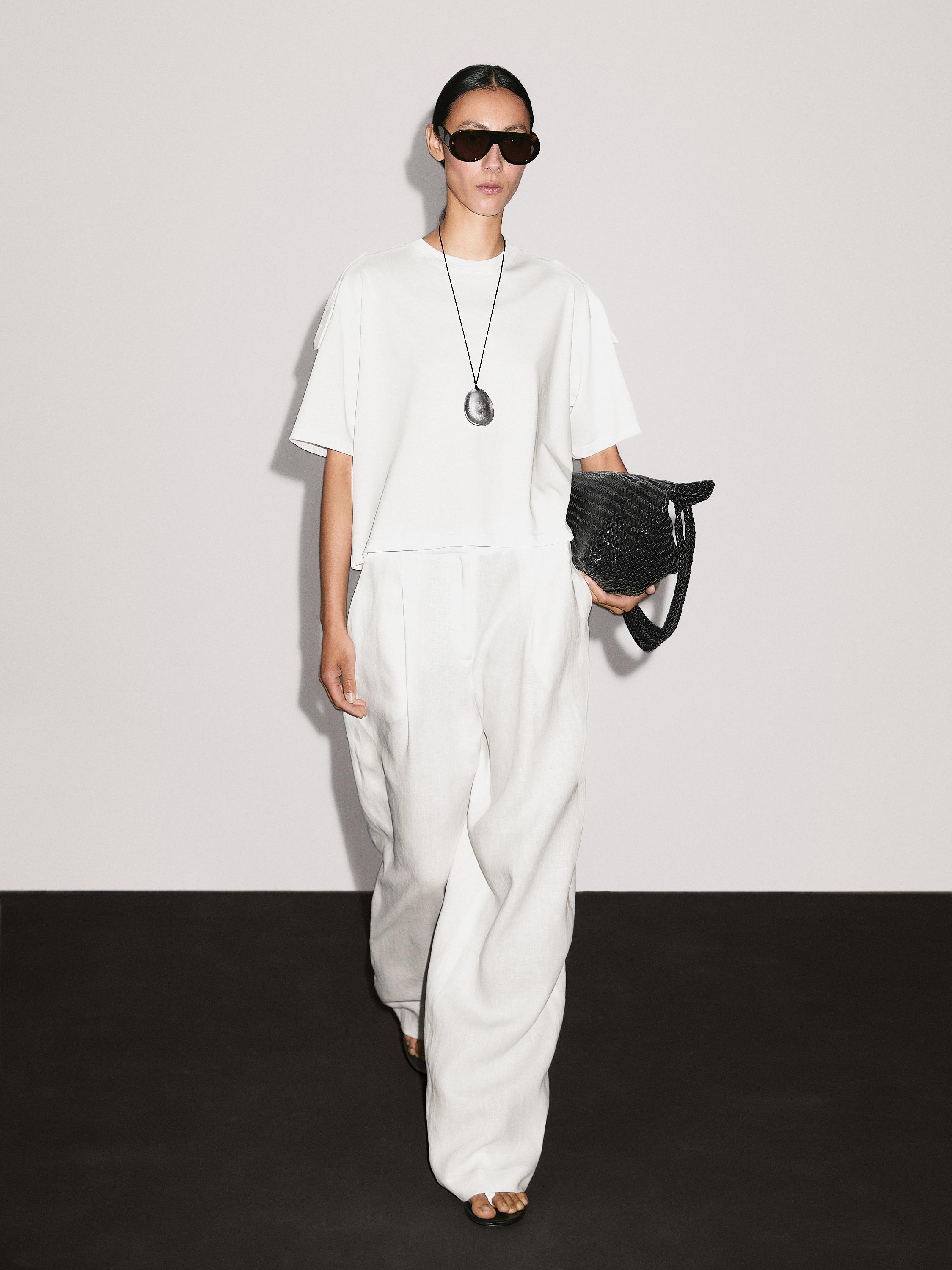 Linen blend darted palazzo trousers