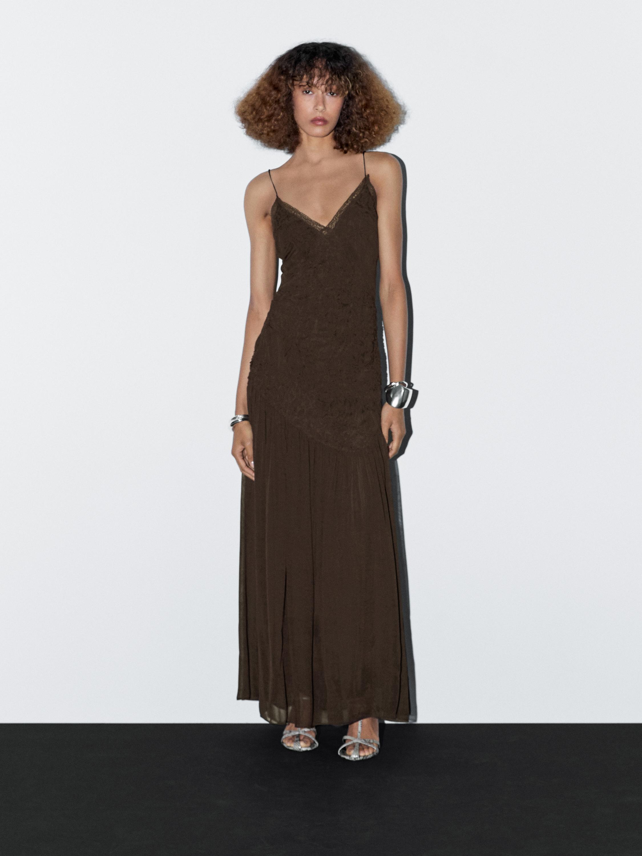 Long slip dress with gathered detail