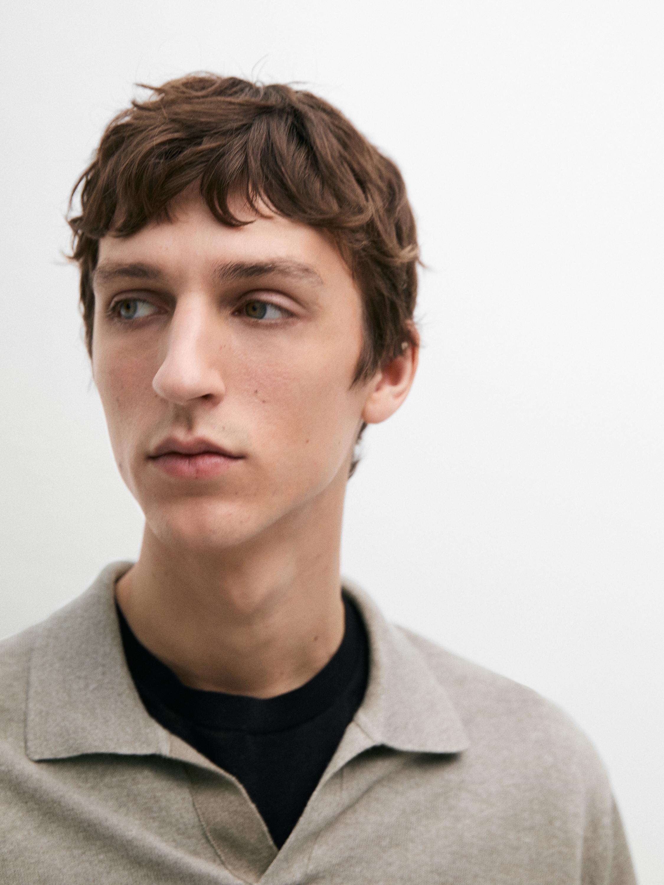 Linen V-neck polo sweater — NATURAL GREY