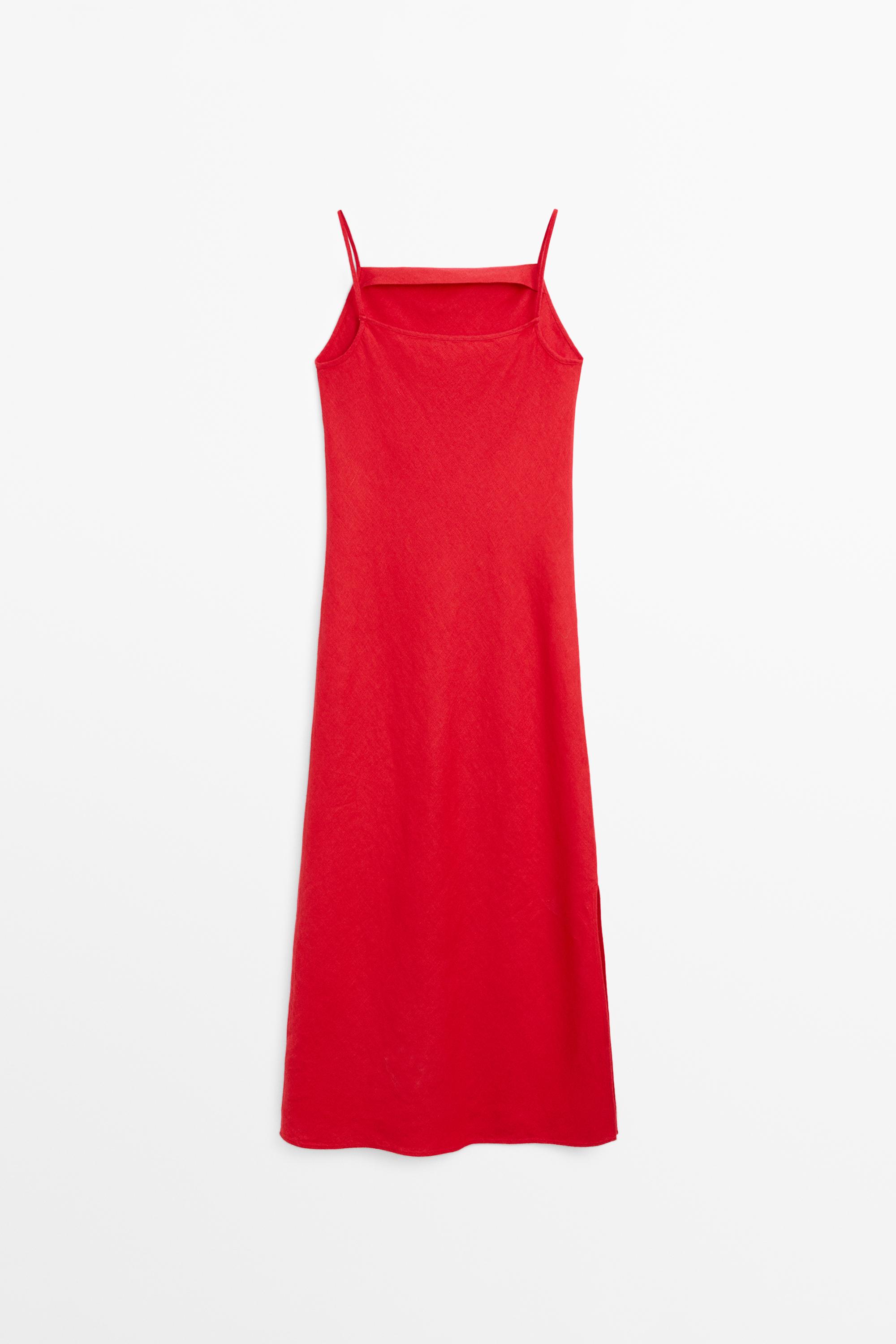100% linen midi dress with straight neckline — RED