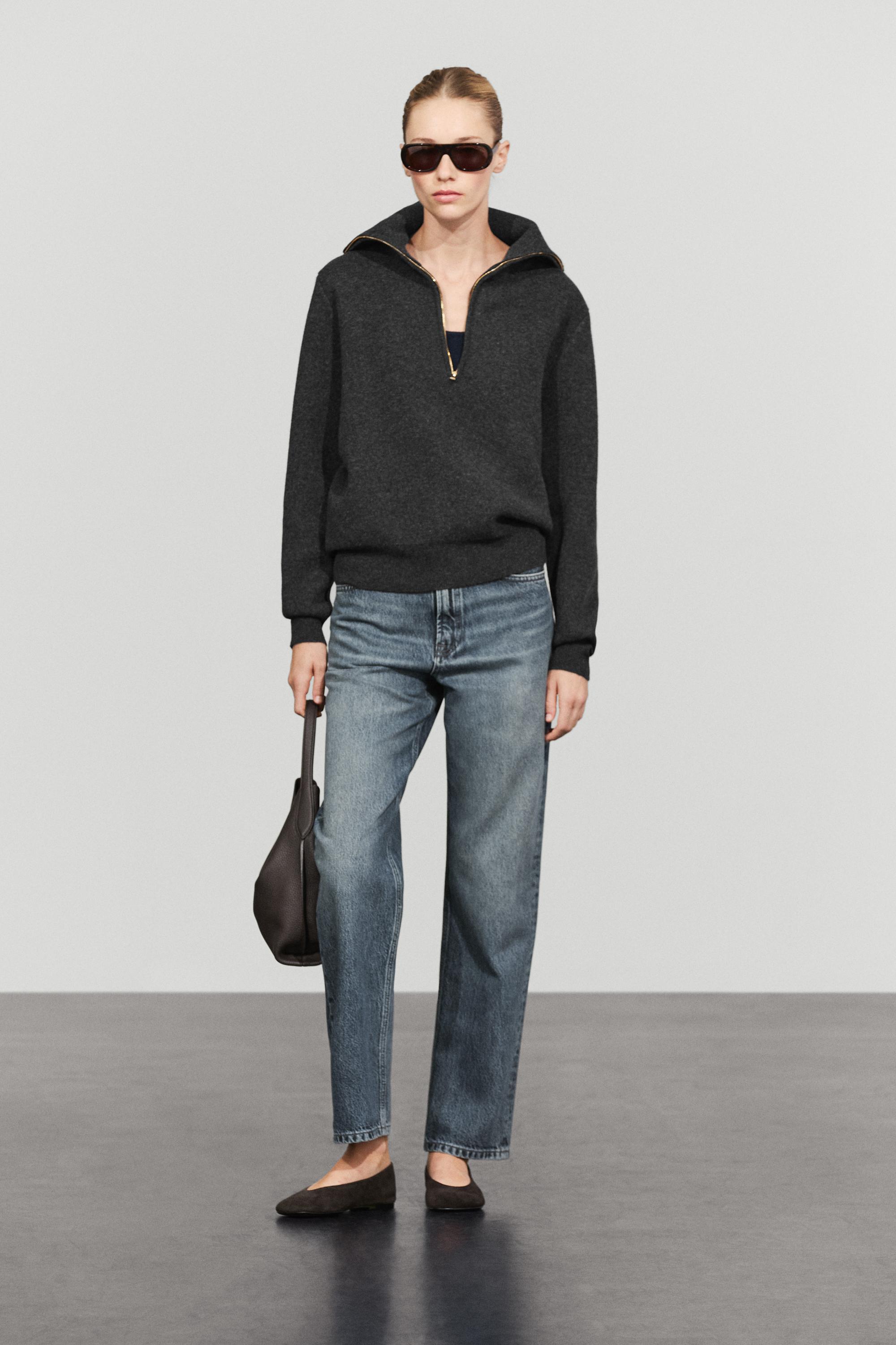 Wide collar zip-up knit sweater — ANTHRACITE GREY