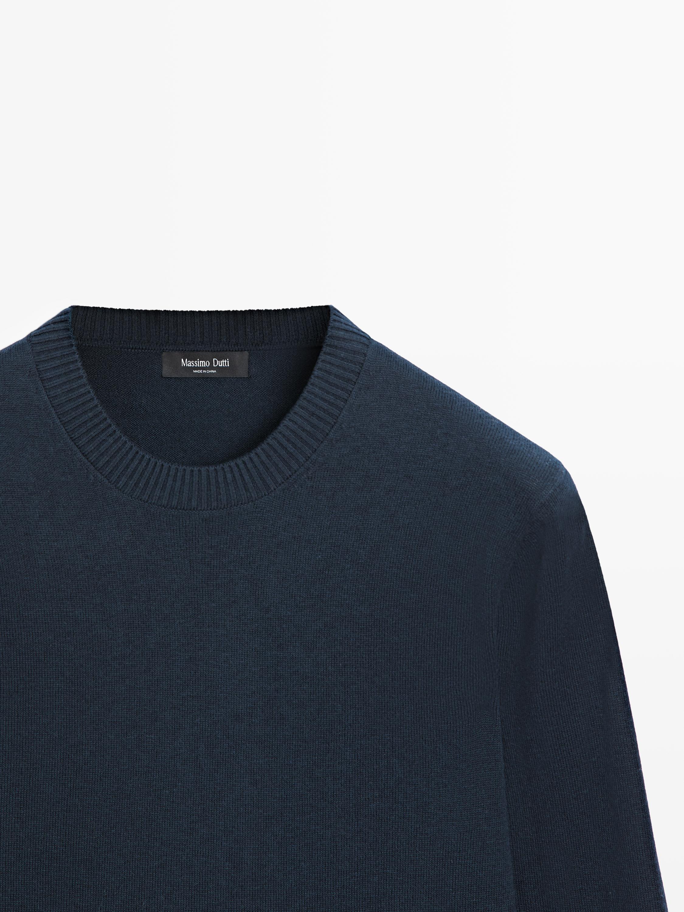 Knit cotton and wool sweater with crew neck — NAVY BLUE