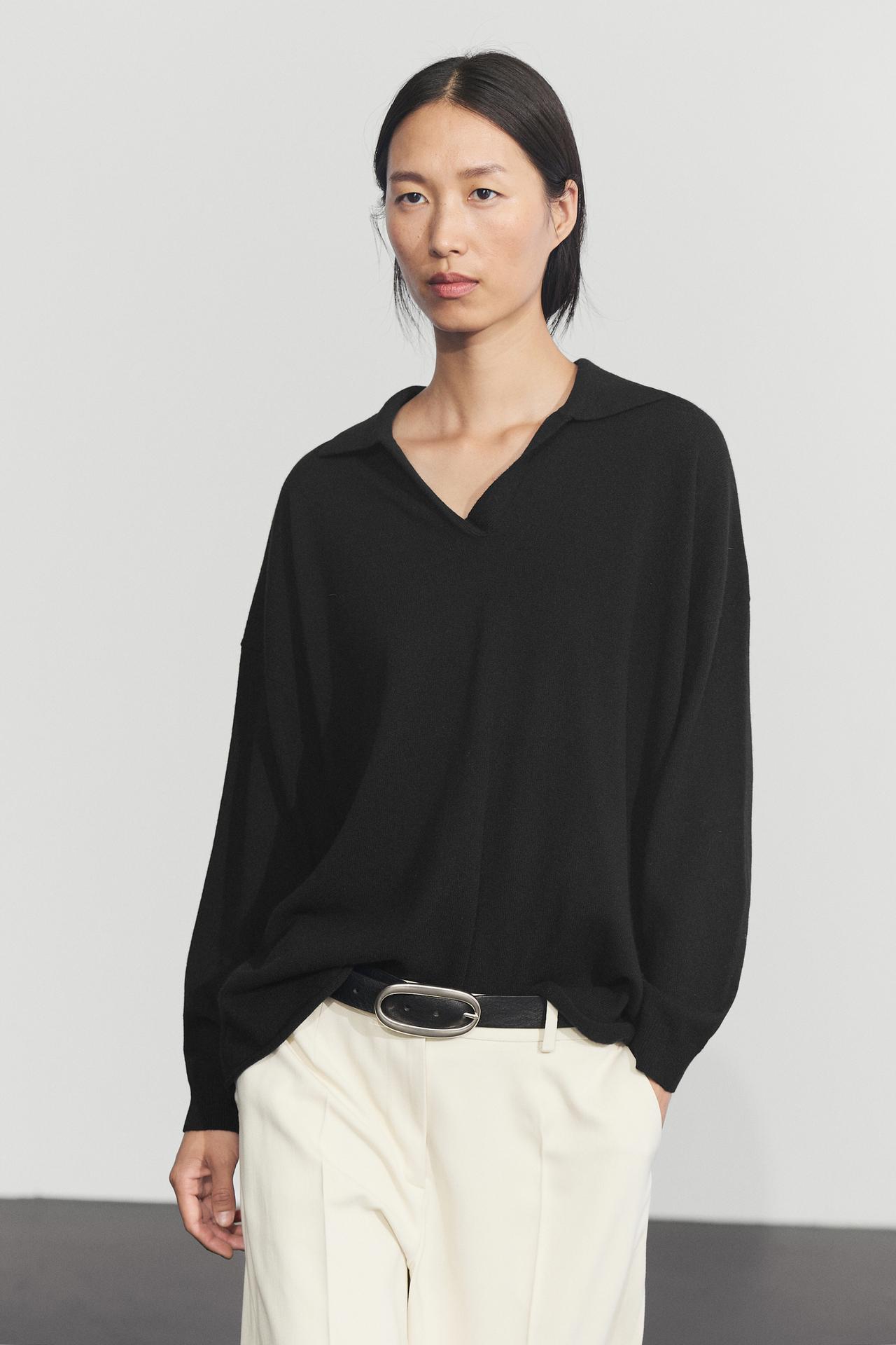100% cashmere oversize polo collar sweater — BLACK