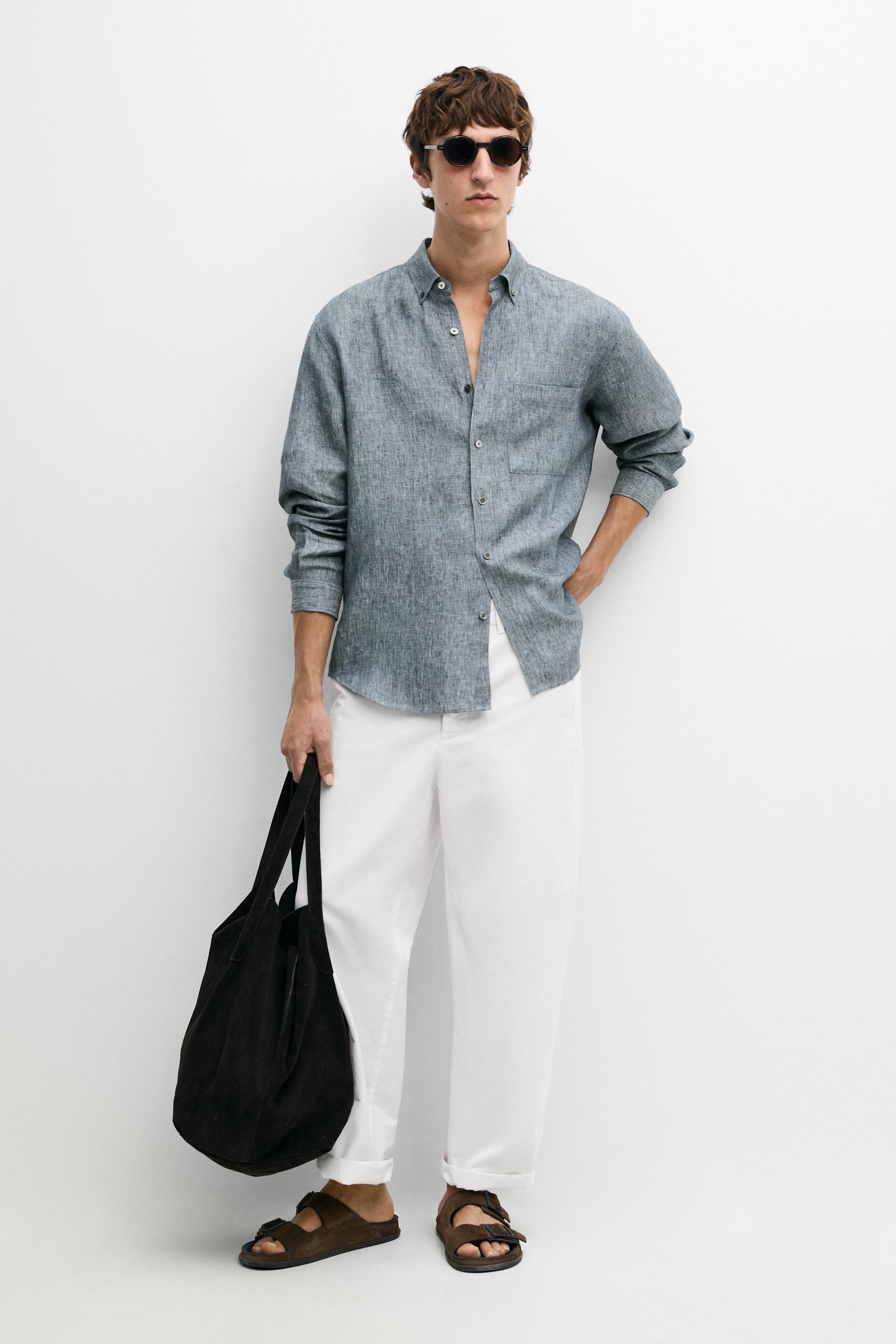 Camisa regular fit twill melange 100% lino
