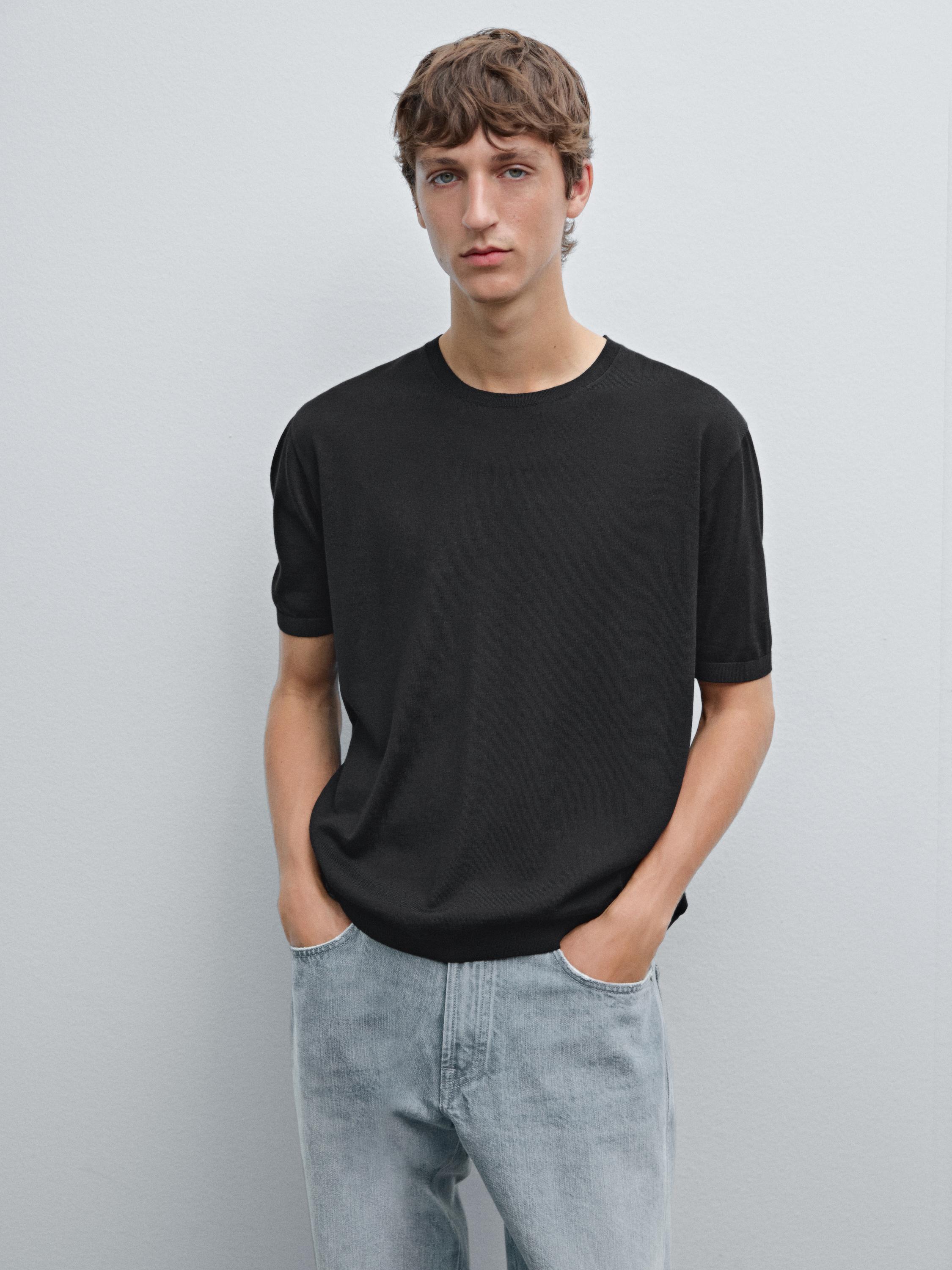 Short-sleeved wool-blend knit T-shirt