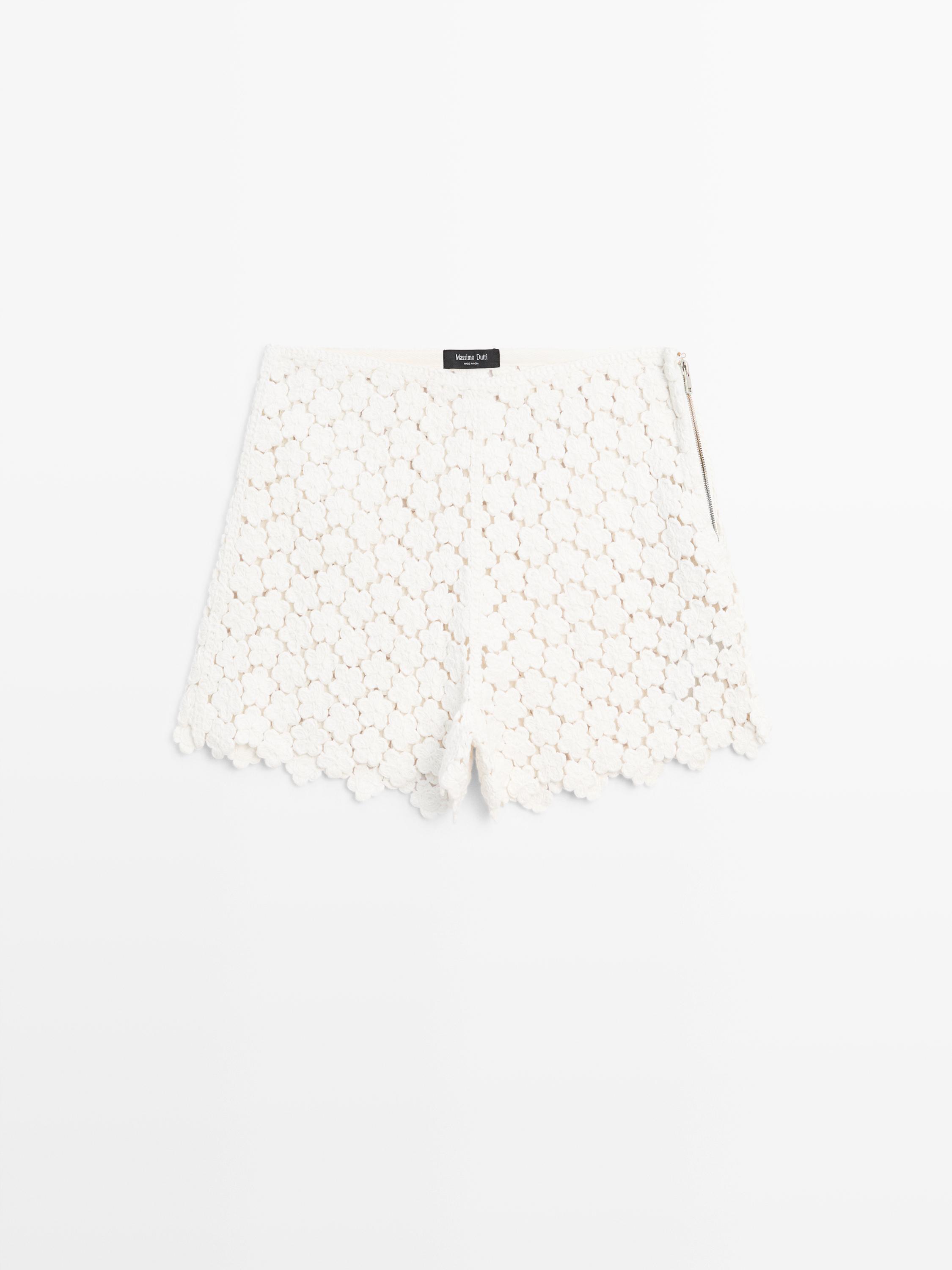 Crochet shorts with floral details — CREAM