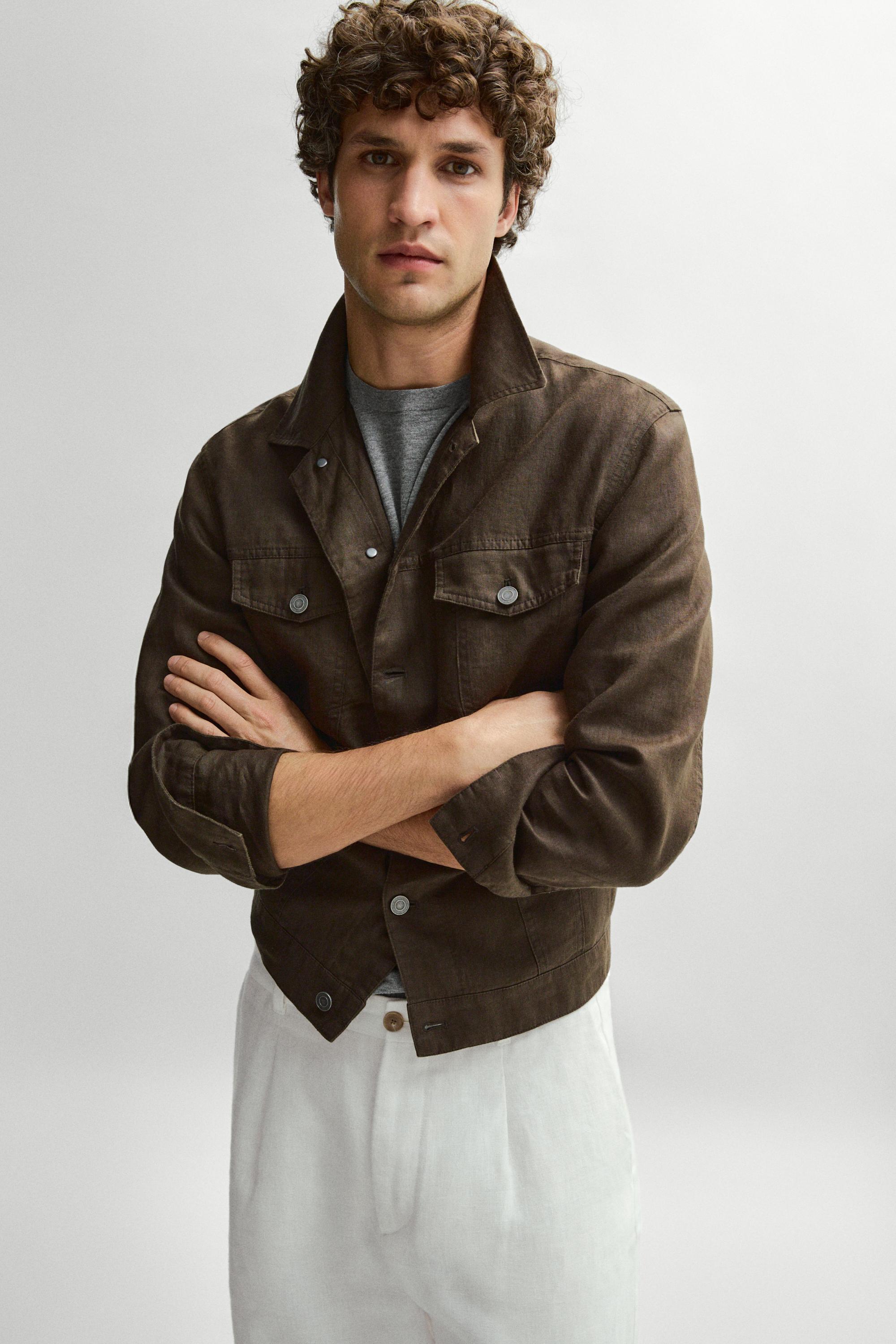 100% linen trucker jacket — DARK KHAKI