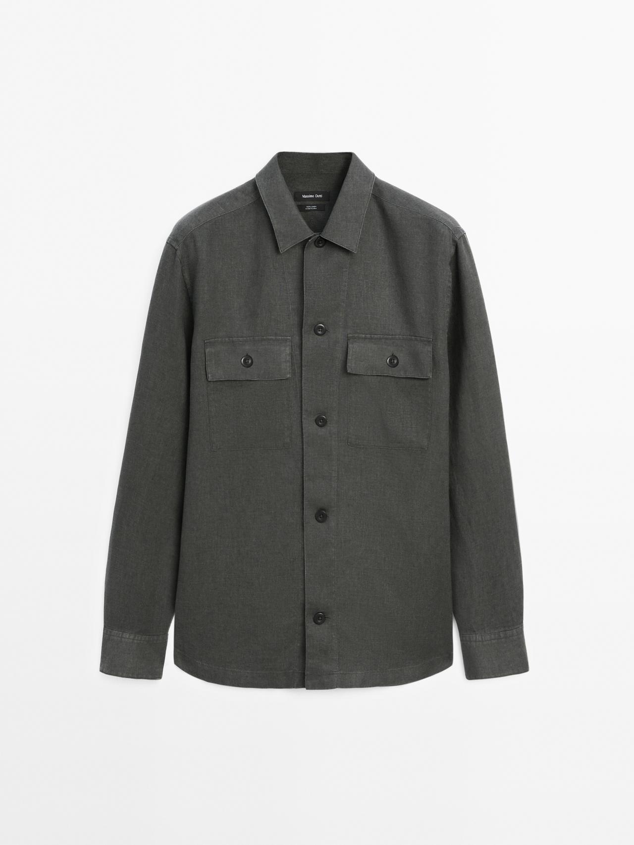 Massimo Dutti - Herre - Skjortejakke I 100 % Hør - Mørkegrøn - M