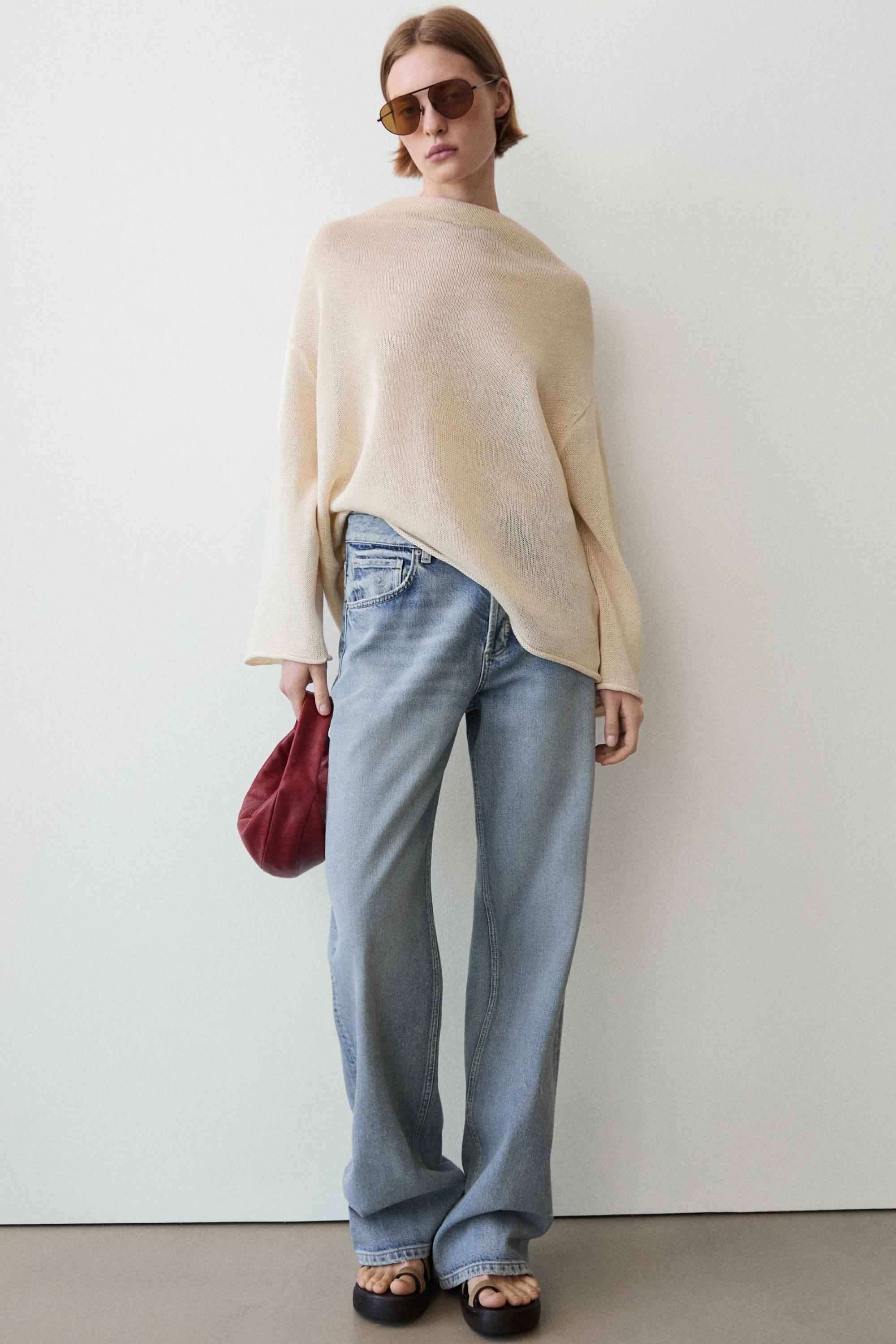 100% cotton knit sweater with back ties — BEIGE