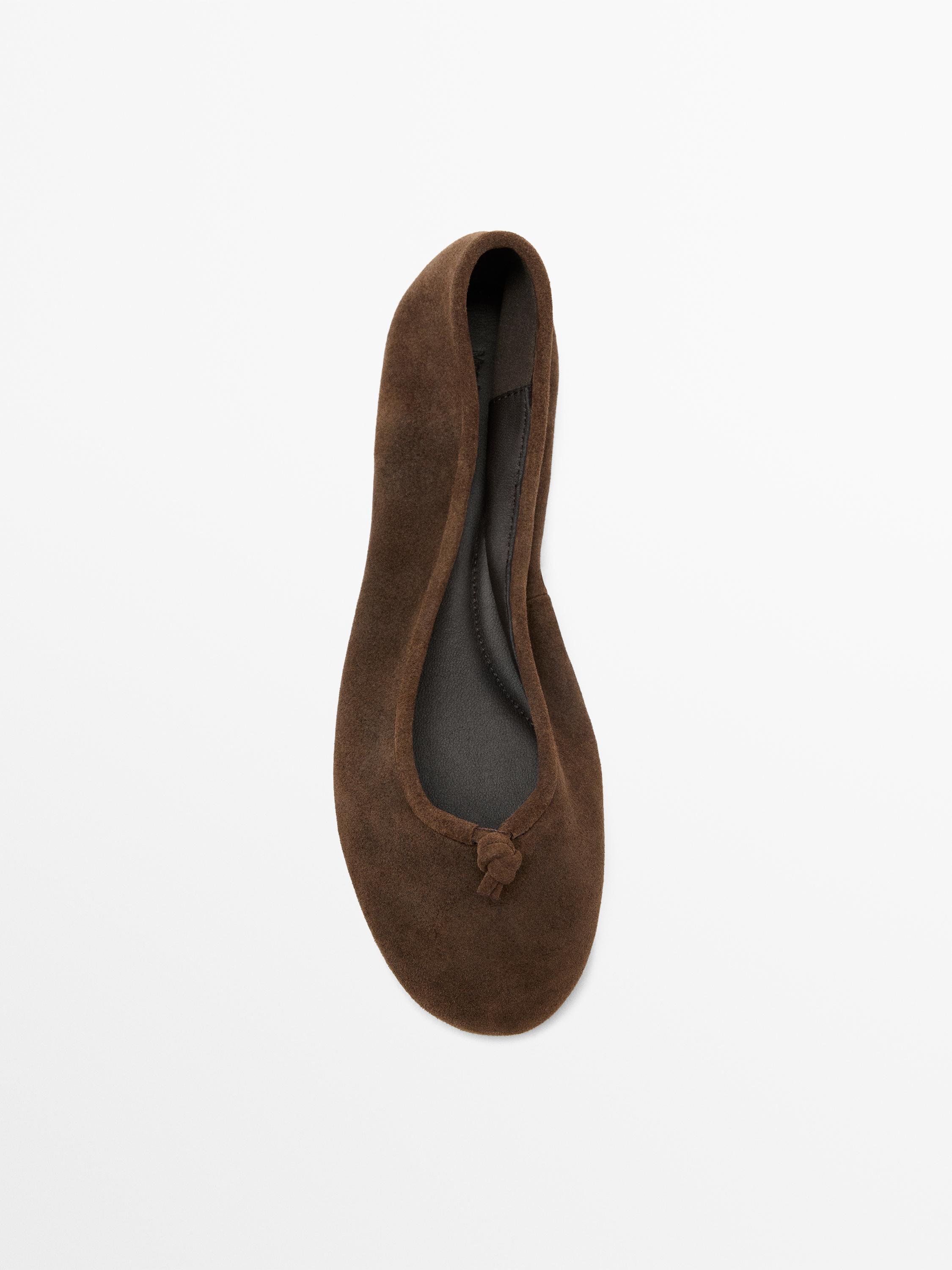 Leather ballet flats with knot — BROWN