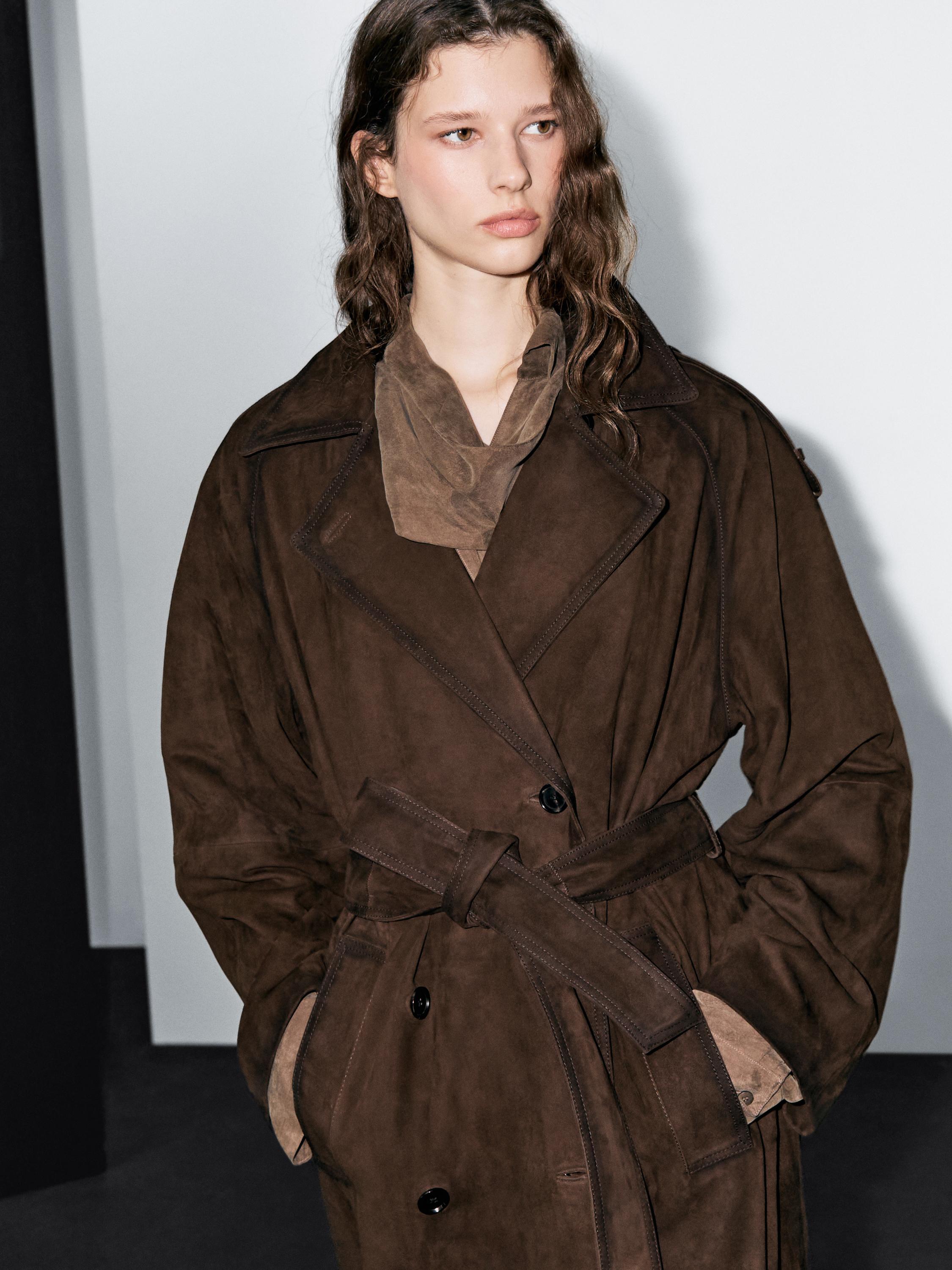 Long suede leather trench coat