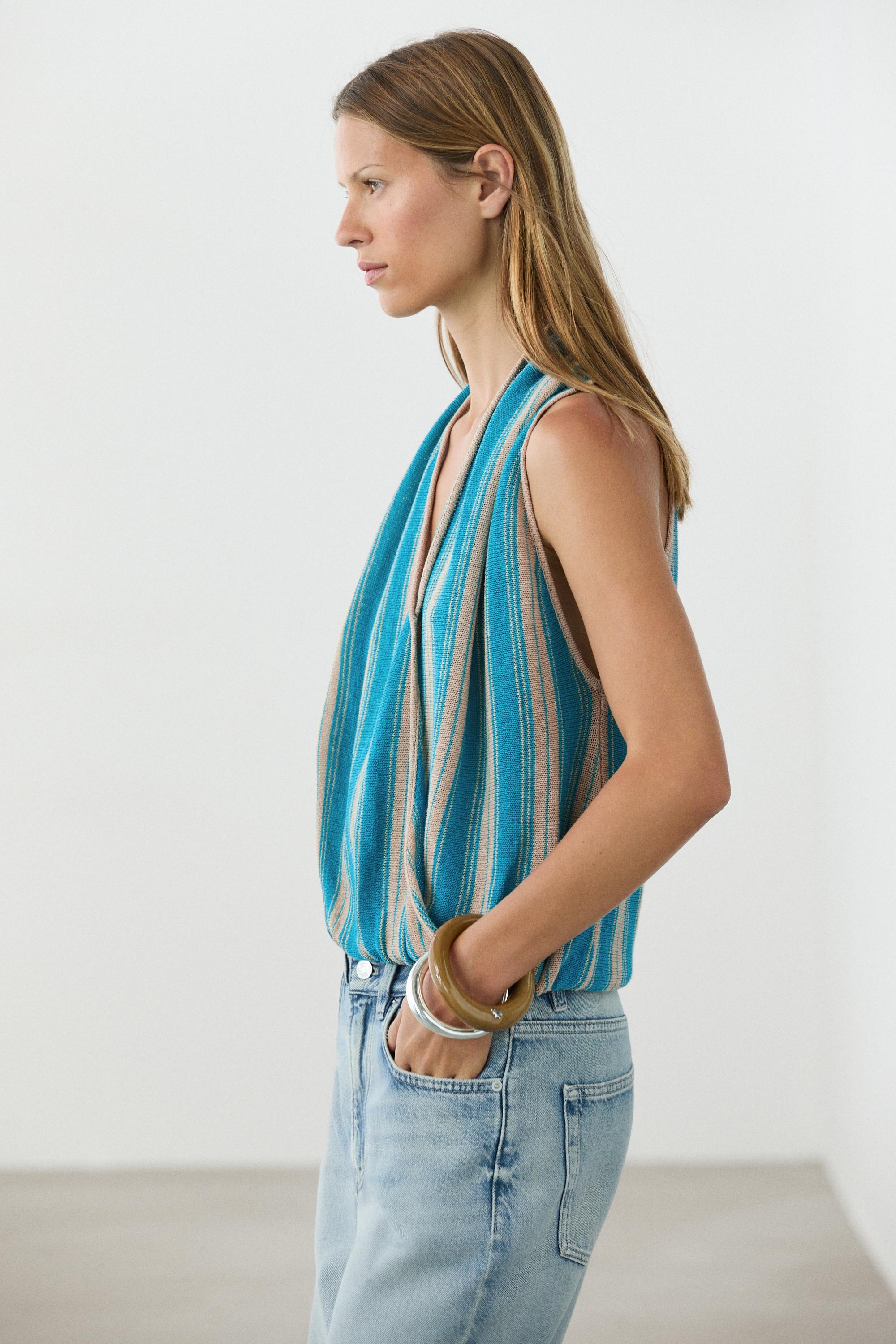 Striped linen blend surplice top — TURQUOISE