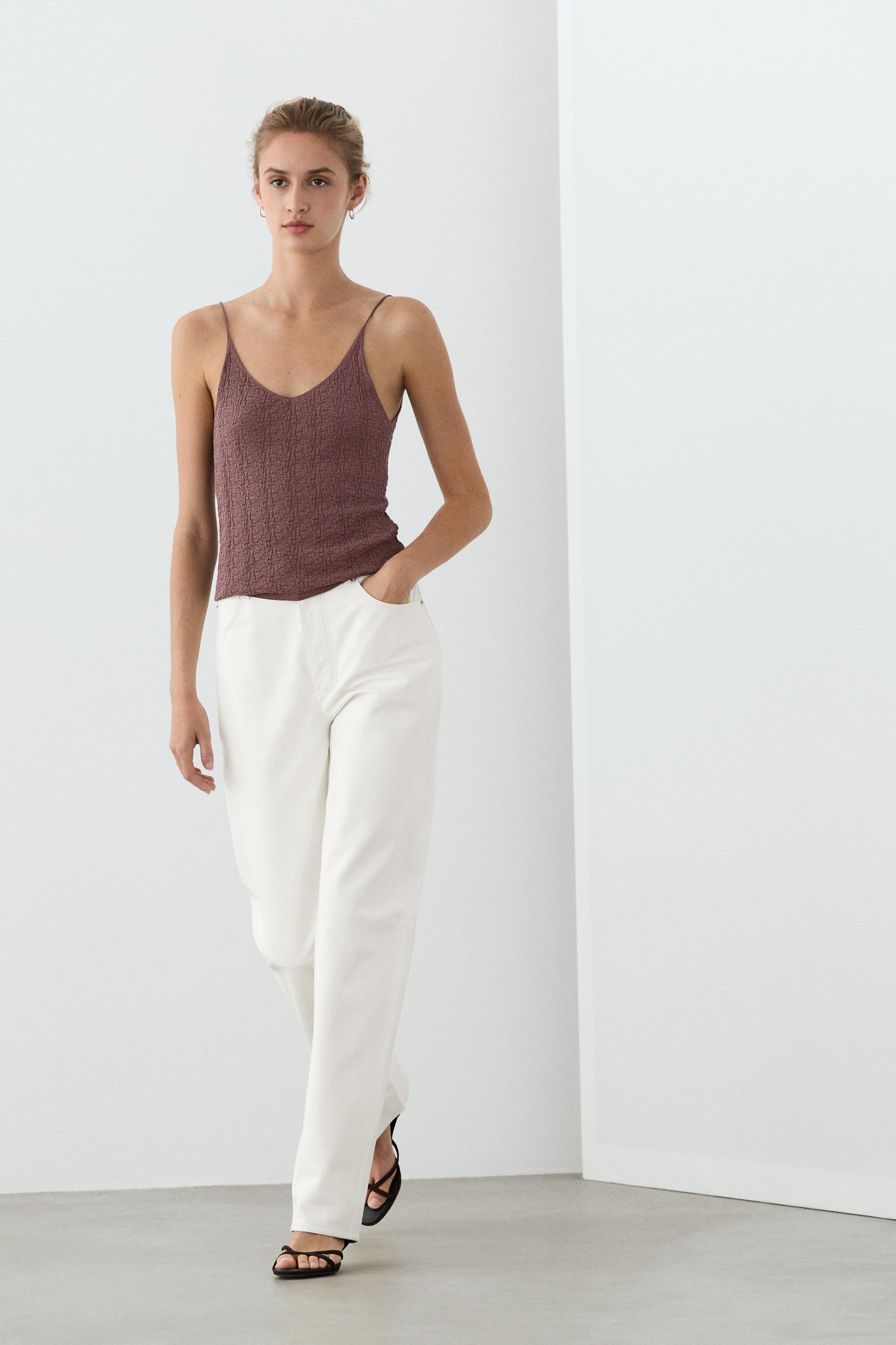 100% cotton textured strappy top — PINK MARL