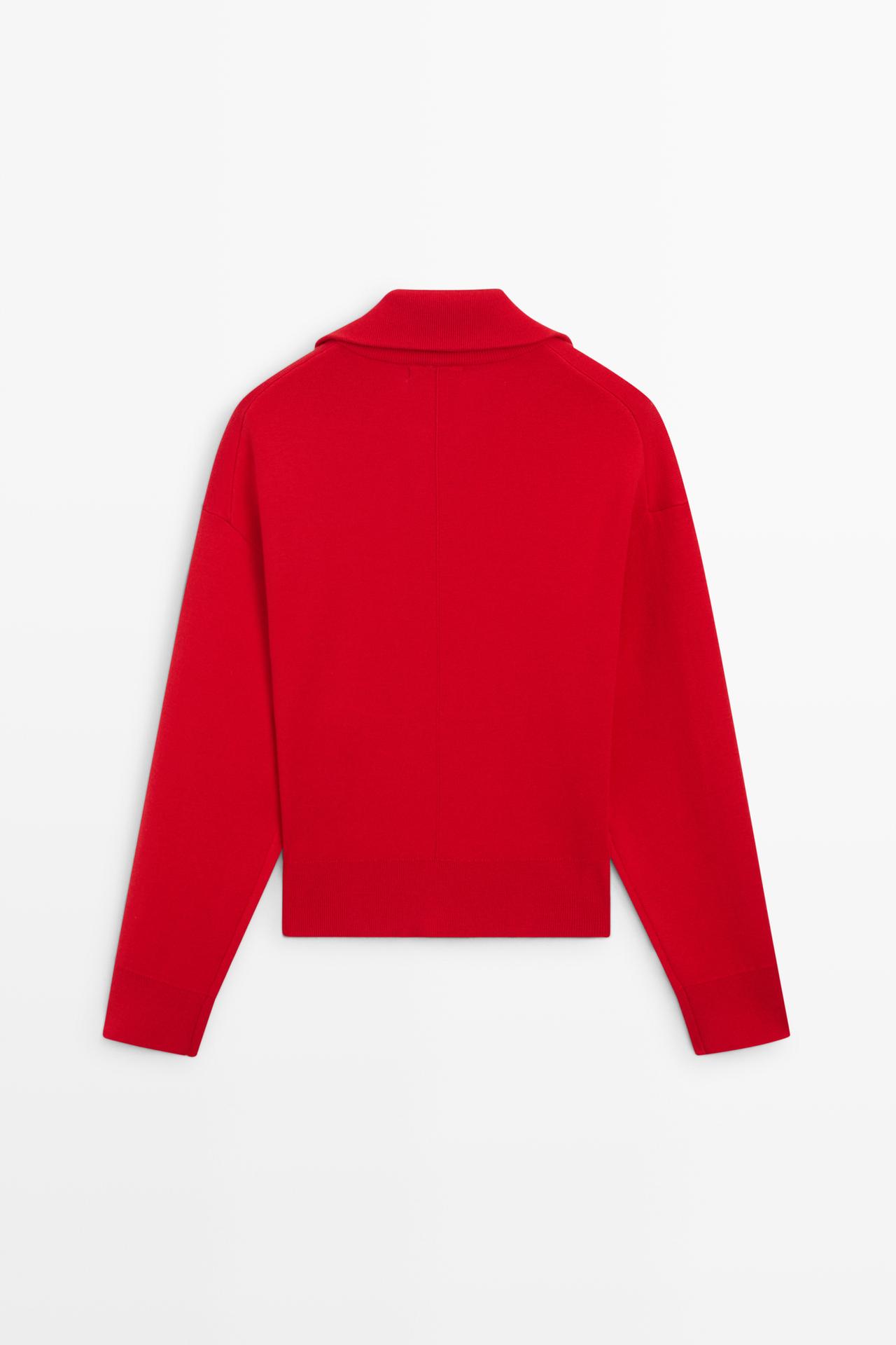 Cotton knit polo sweater with quarter-zip collar — RED