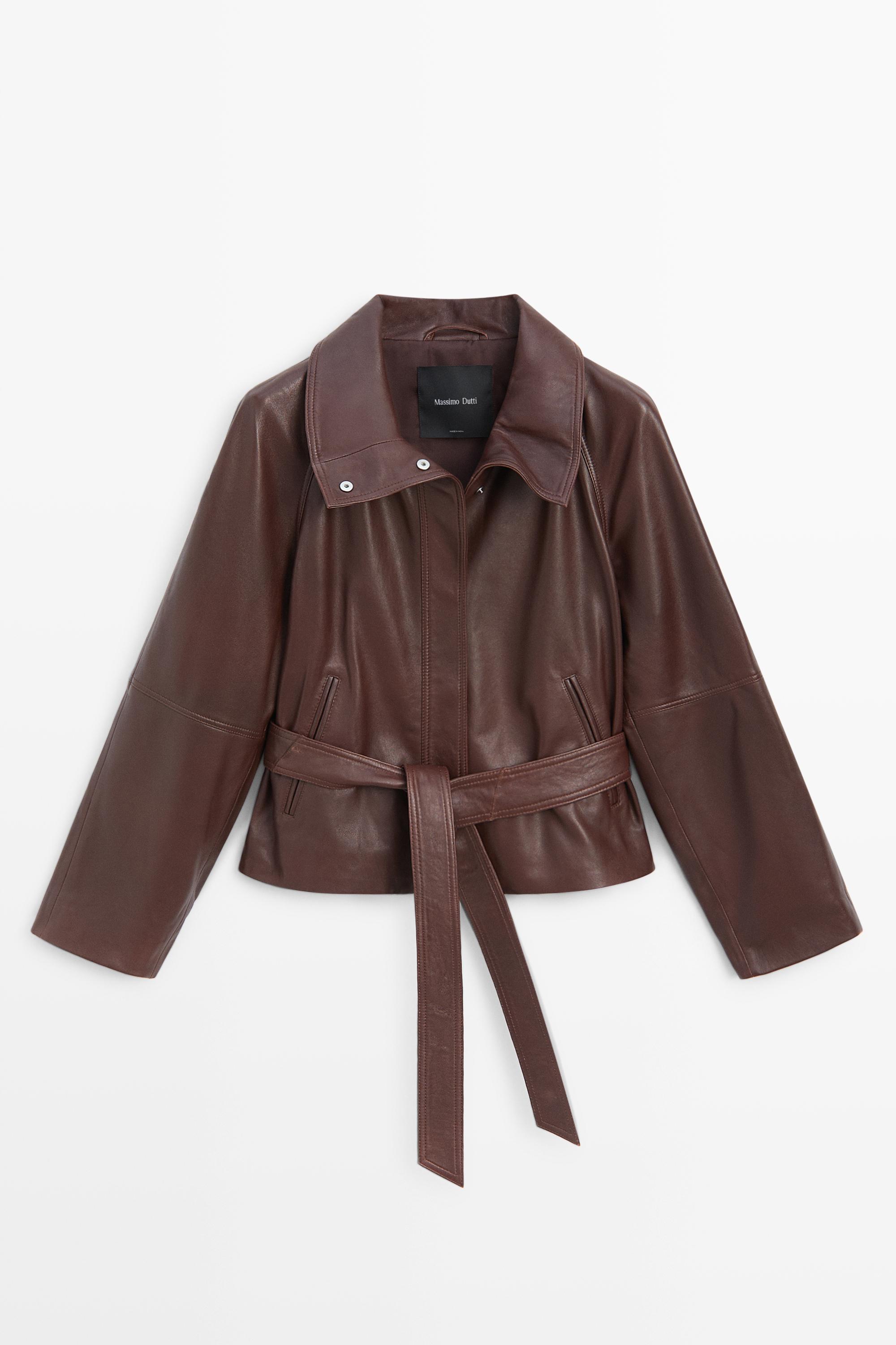 Cropped Nappa leather jacket with belt by Massimo Dutti