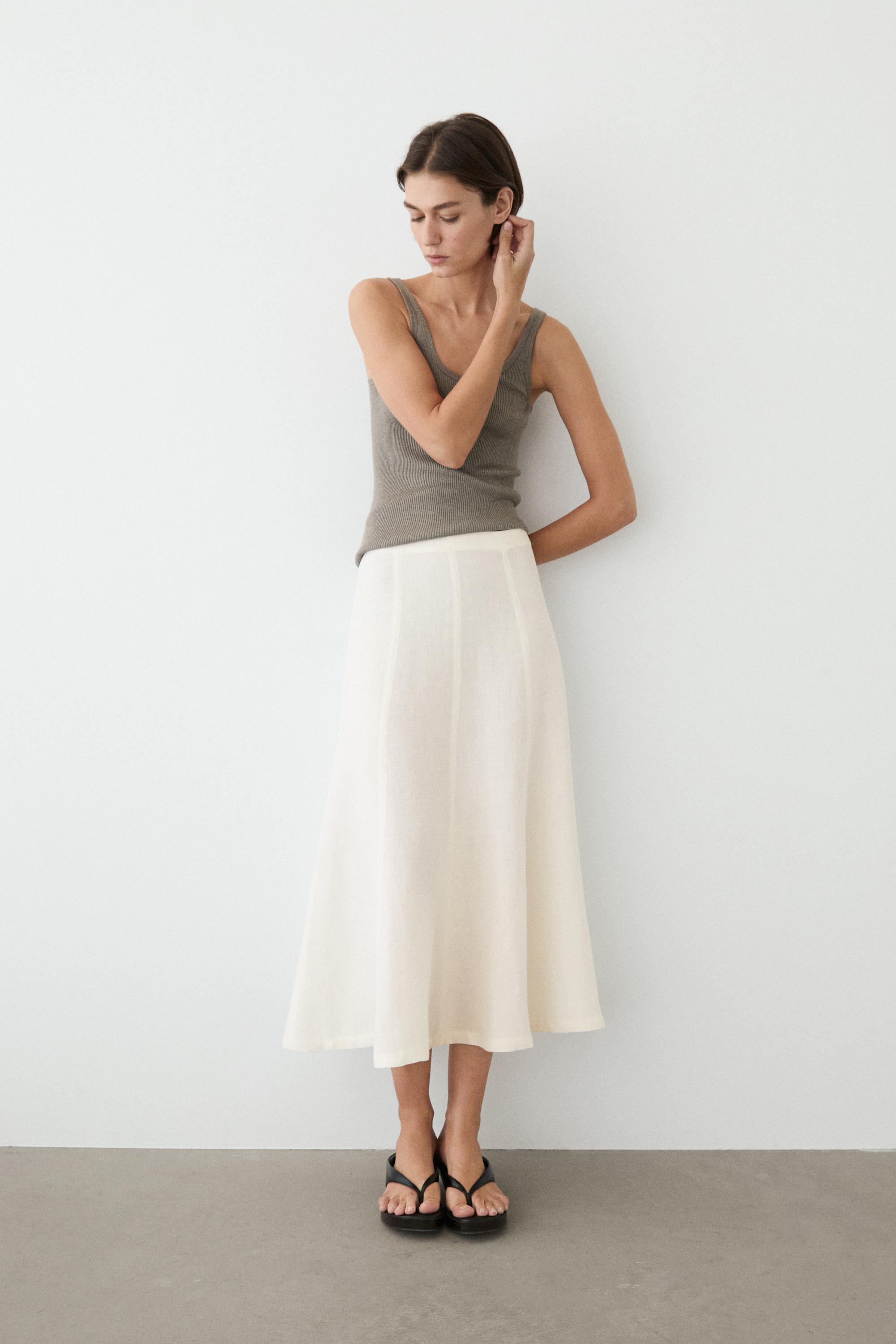 Flowing 100% linen midi skirt — WHITE