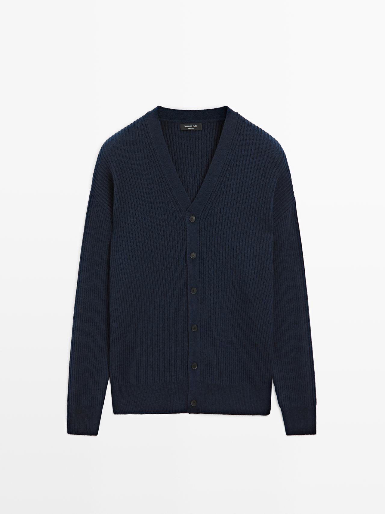 Massimo Dutti - Herre - Cardigan I Uldblanding Med V-Udskæring - Marineblå - M