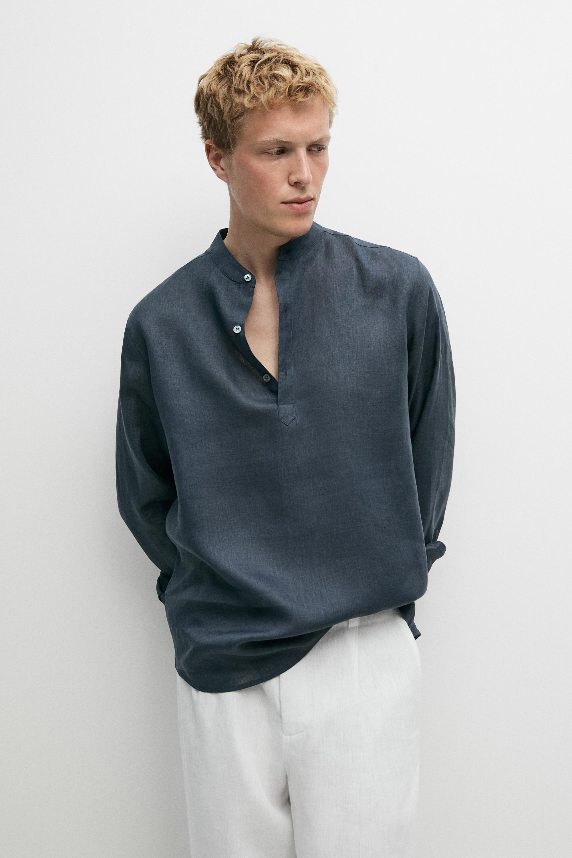 Regular fit stand collar 100% linen shirt — PETROLEUM